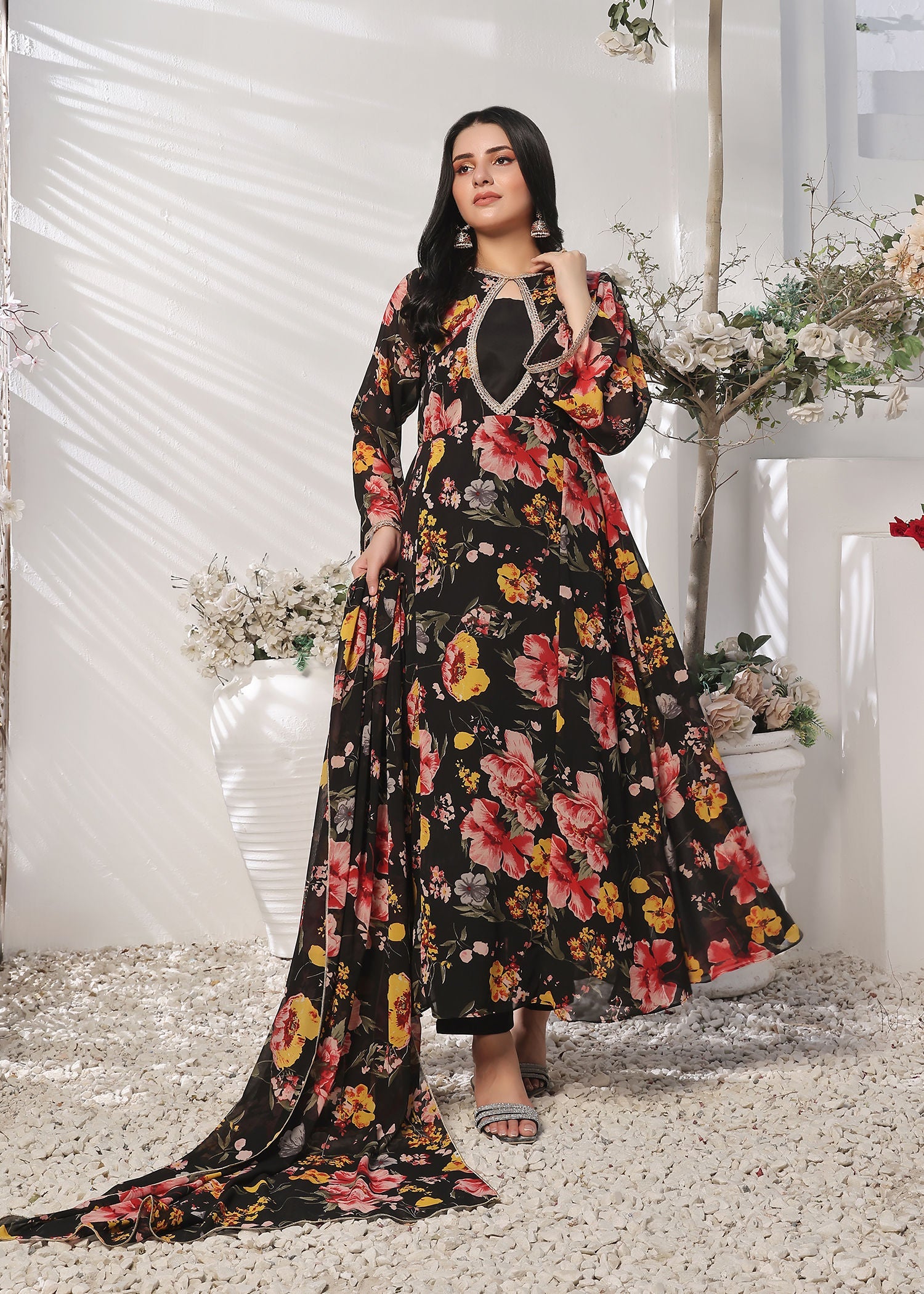 Nazmina Charcoal charm flowy dress Women 3pcs