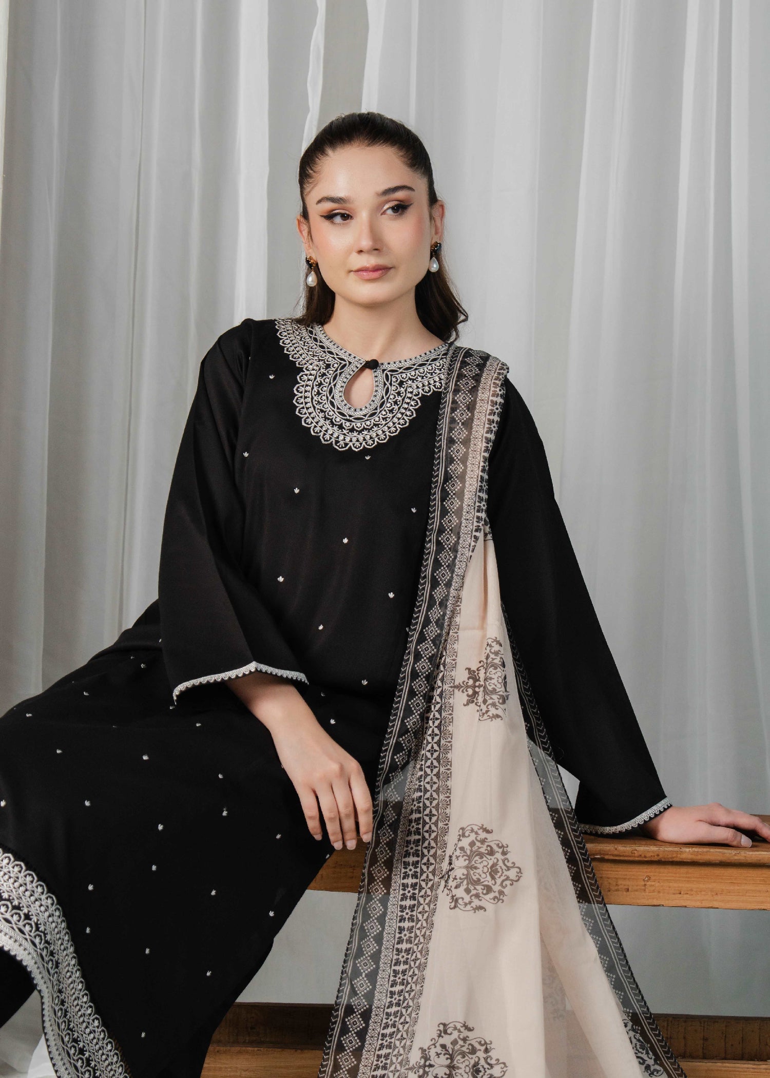 Buzzazi Black Embroidered Suit Women 3pcs