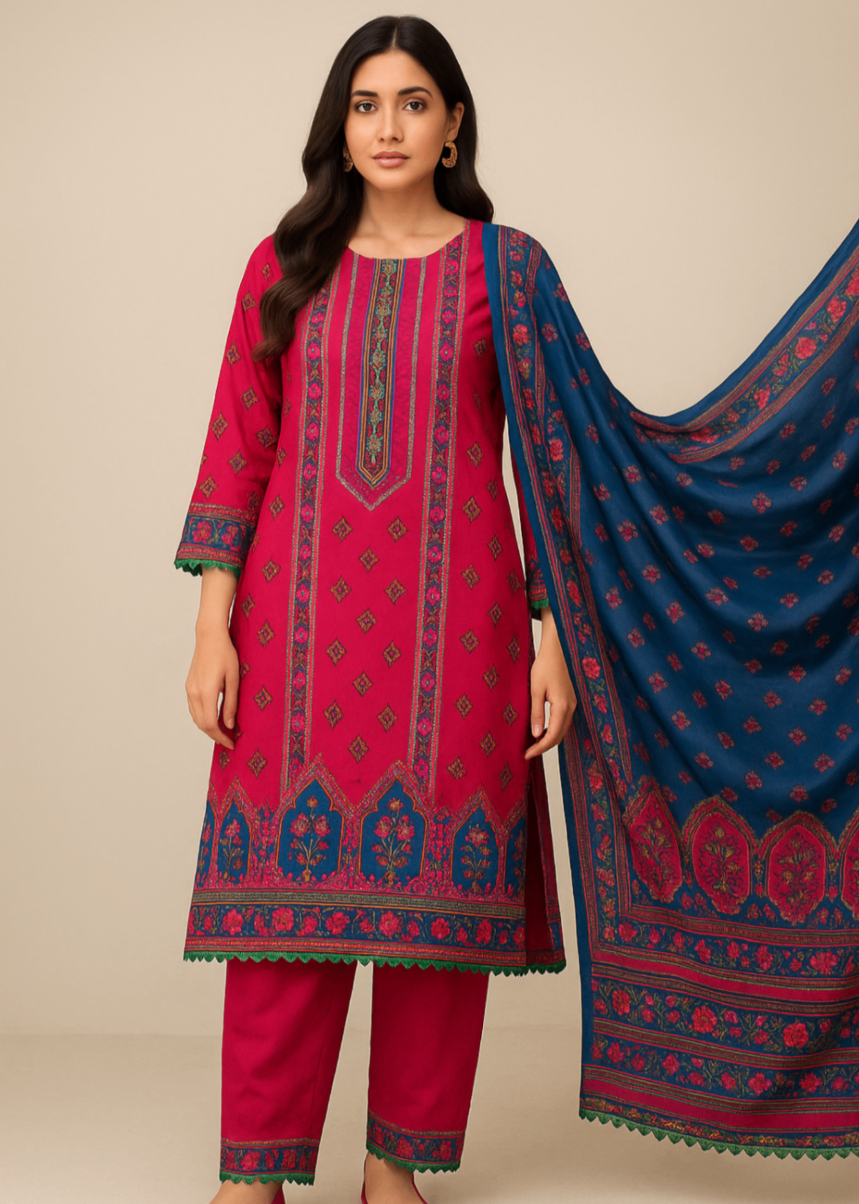 Sutar Premium Lawn Printed Dress Stitched| Hot Pink Women 3pcs