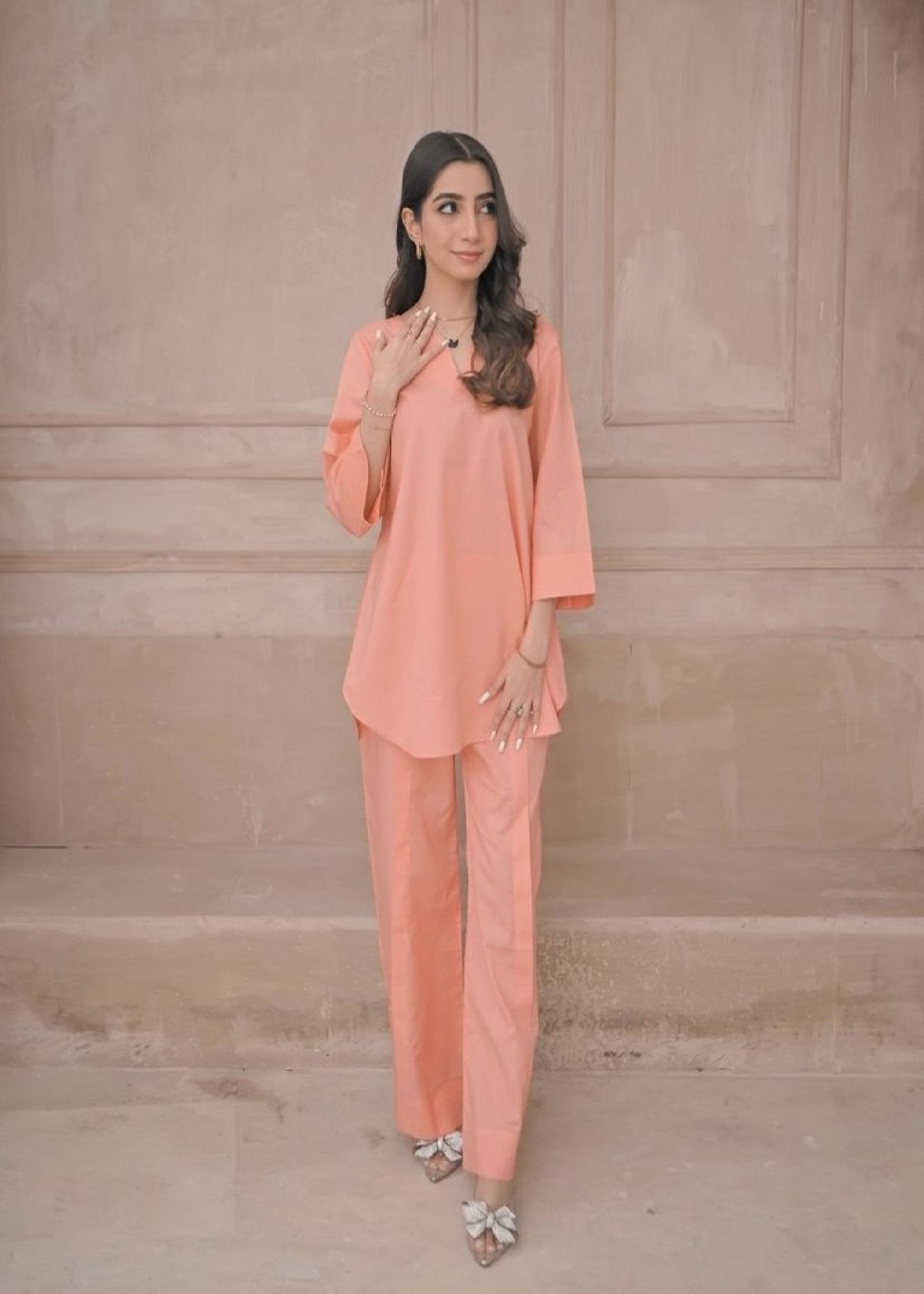 Zauk Peach Two Piece Dress Women 2pcs