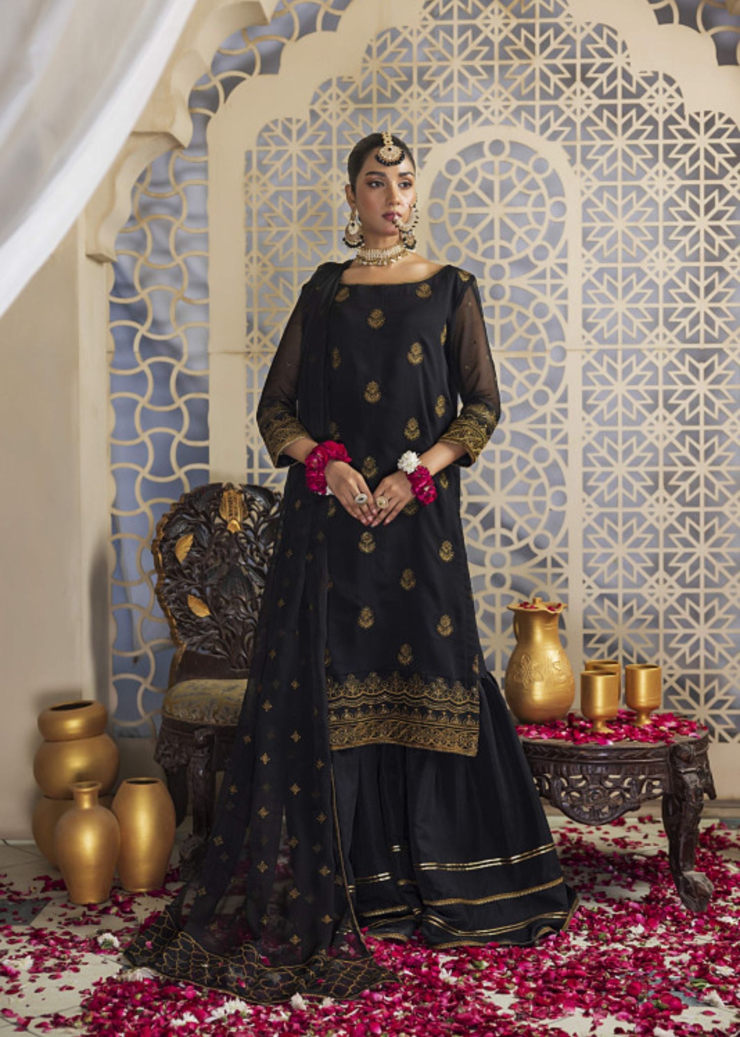 Meeraki Black Nawabi Gharara Women 3pcs