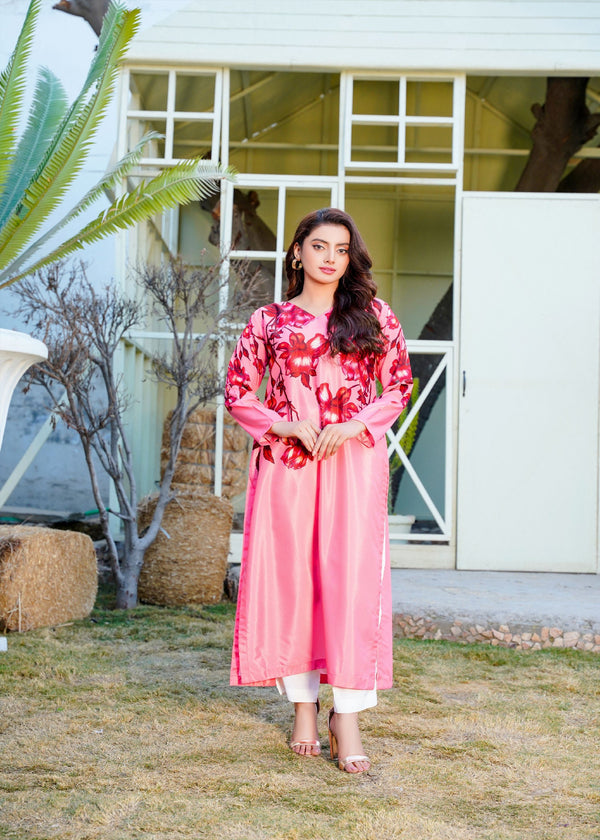 Athena Apparels Lumina: Pink Long Shirt With Red Floral Work 394 Women 1pcs