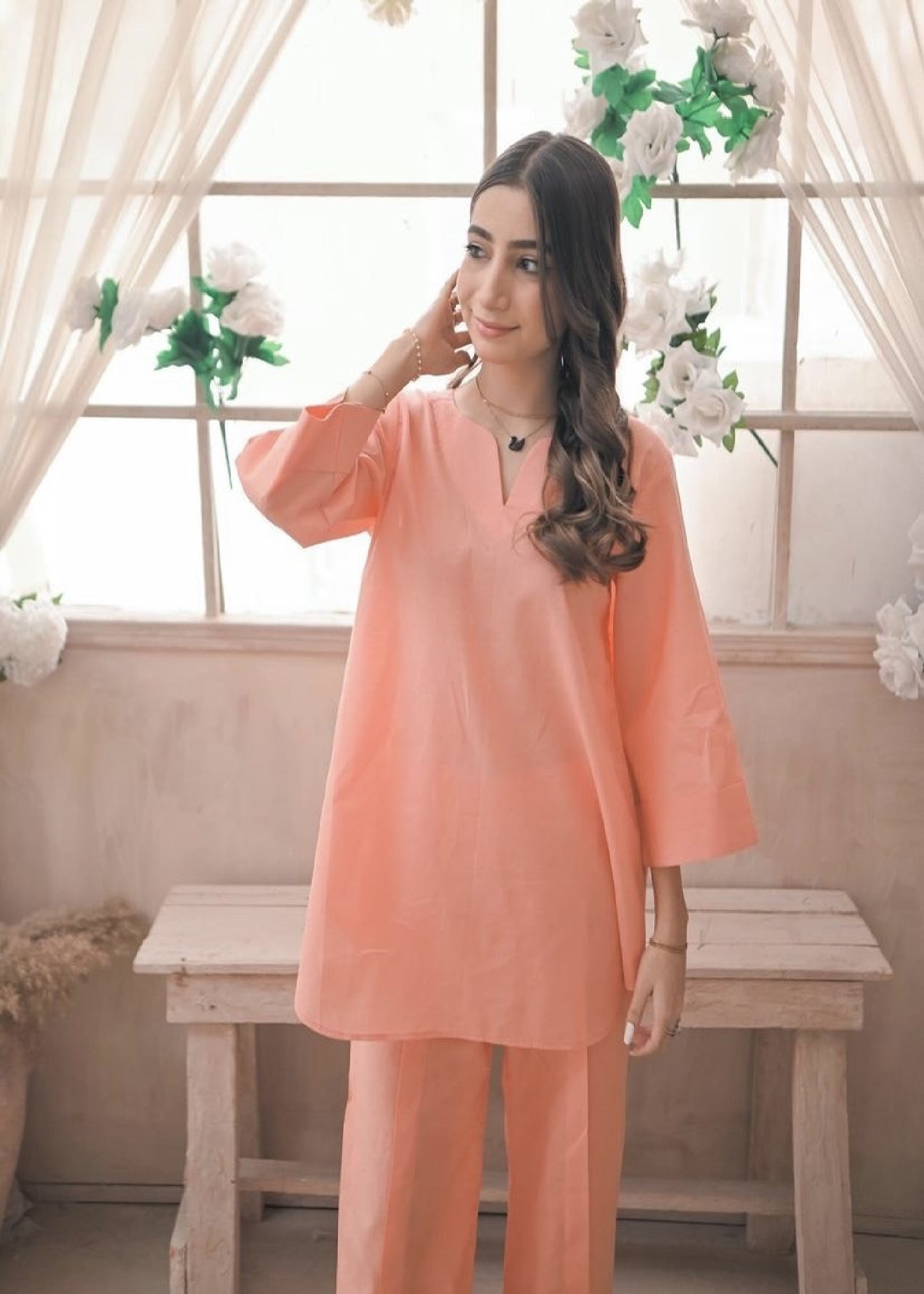 Zauk Peach Two Piece Dress Women 2pcs