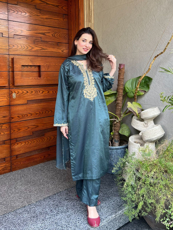Ayesha B forest green handwork halah Women 3pcs