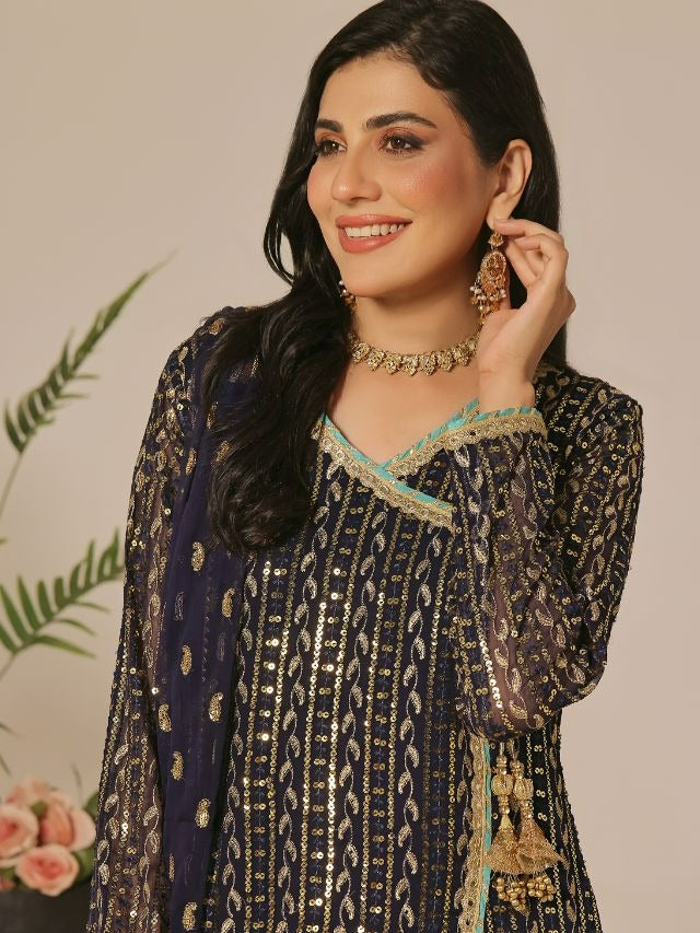 Ayesha Closet Resham Navy Blue Women 3pcs