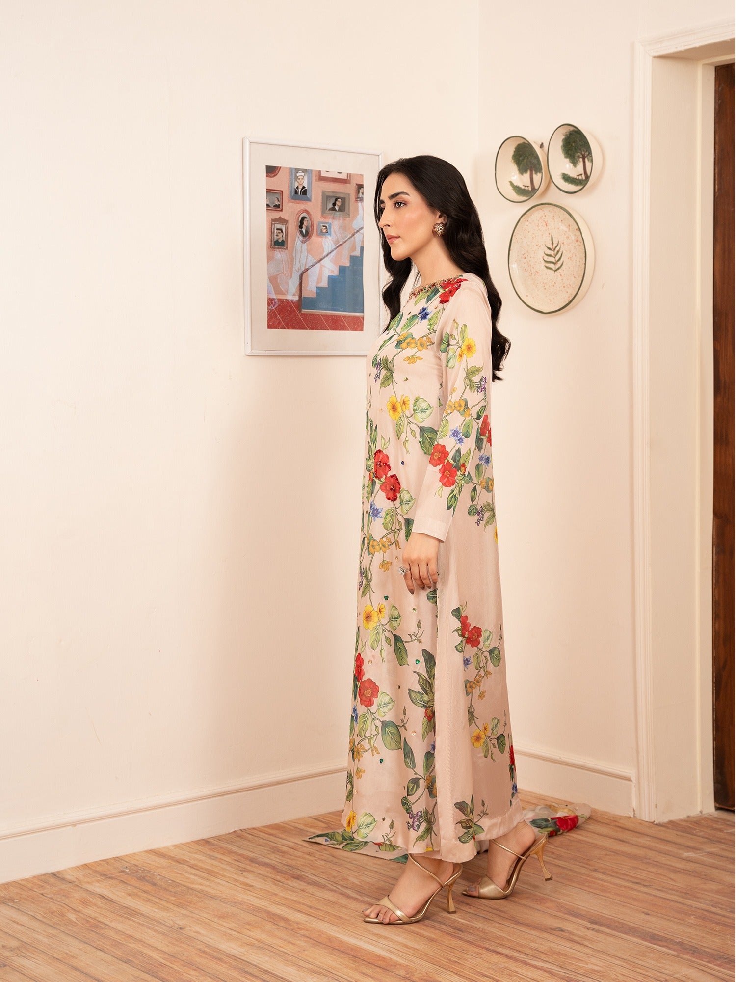 Stitch Vibes Beige Silk Dress Women 3pcs