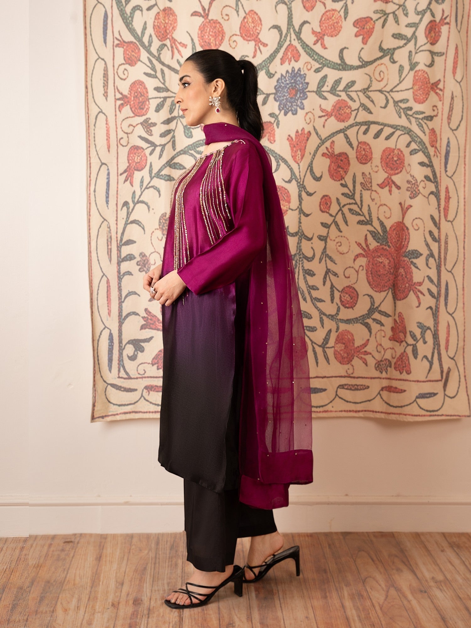 Stitch Vibes Magenta Tonal Embellished Dress Women 3pcs