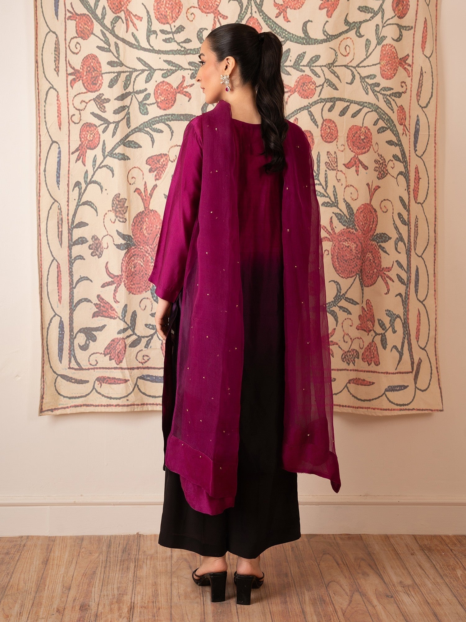 Stitch Vibes Magenta Tonal Embellished Dress Women 3pcs