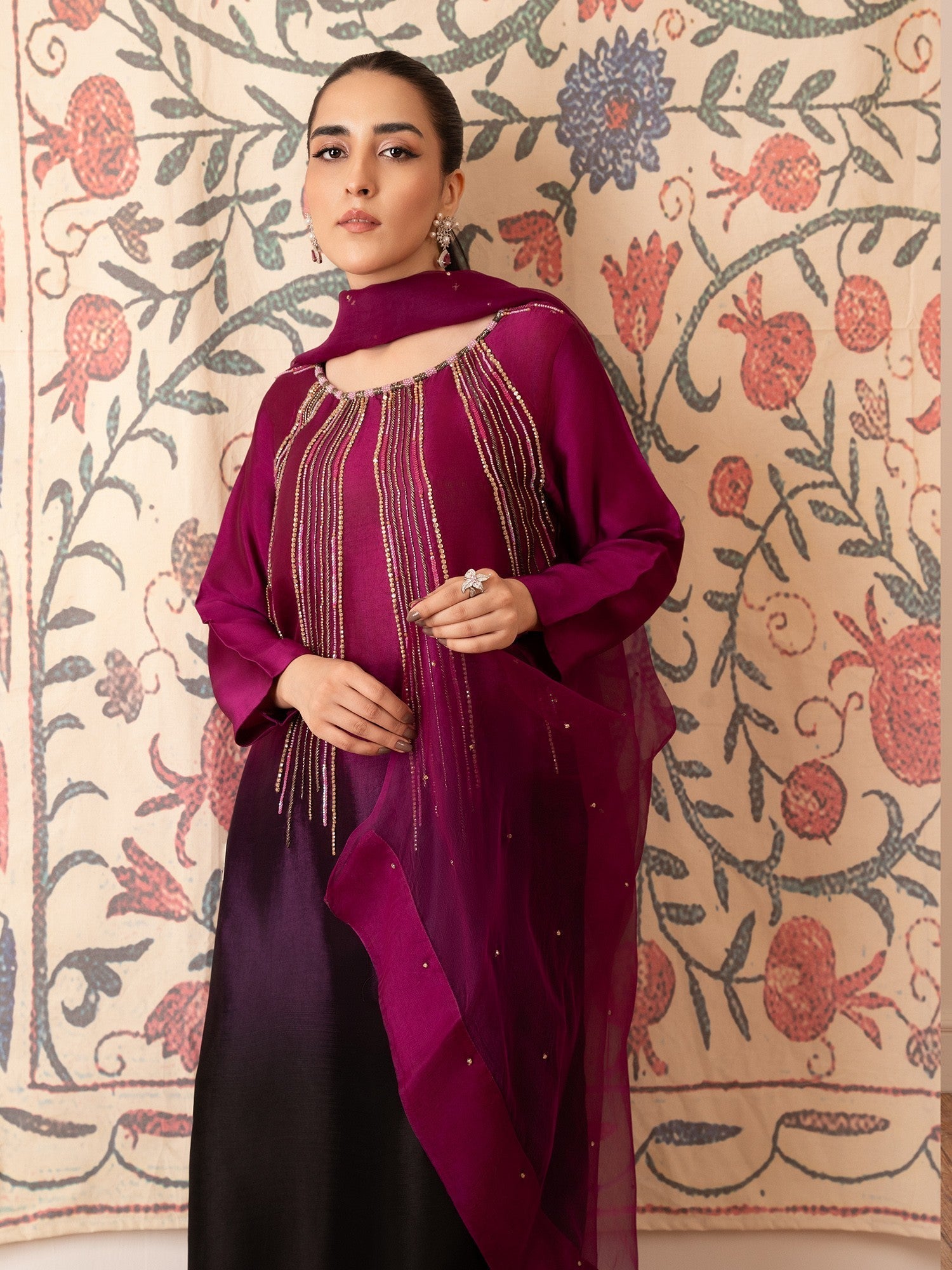 Stitch Vibes Magenta Tonal Embellished Dress Women 3pcs