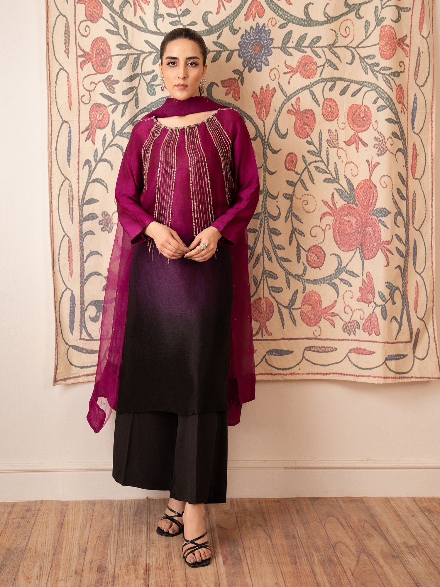 Stitch Vibes Magenta Tonal Embellished Dress Women 3pcs