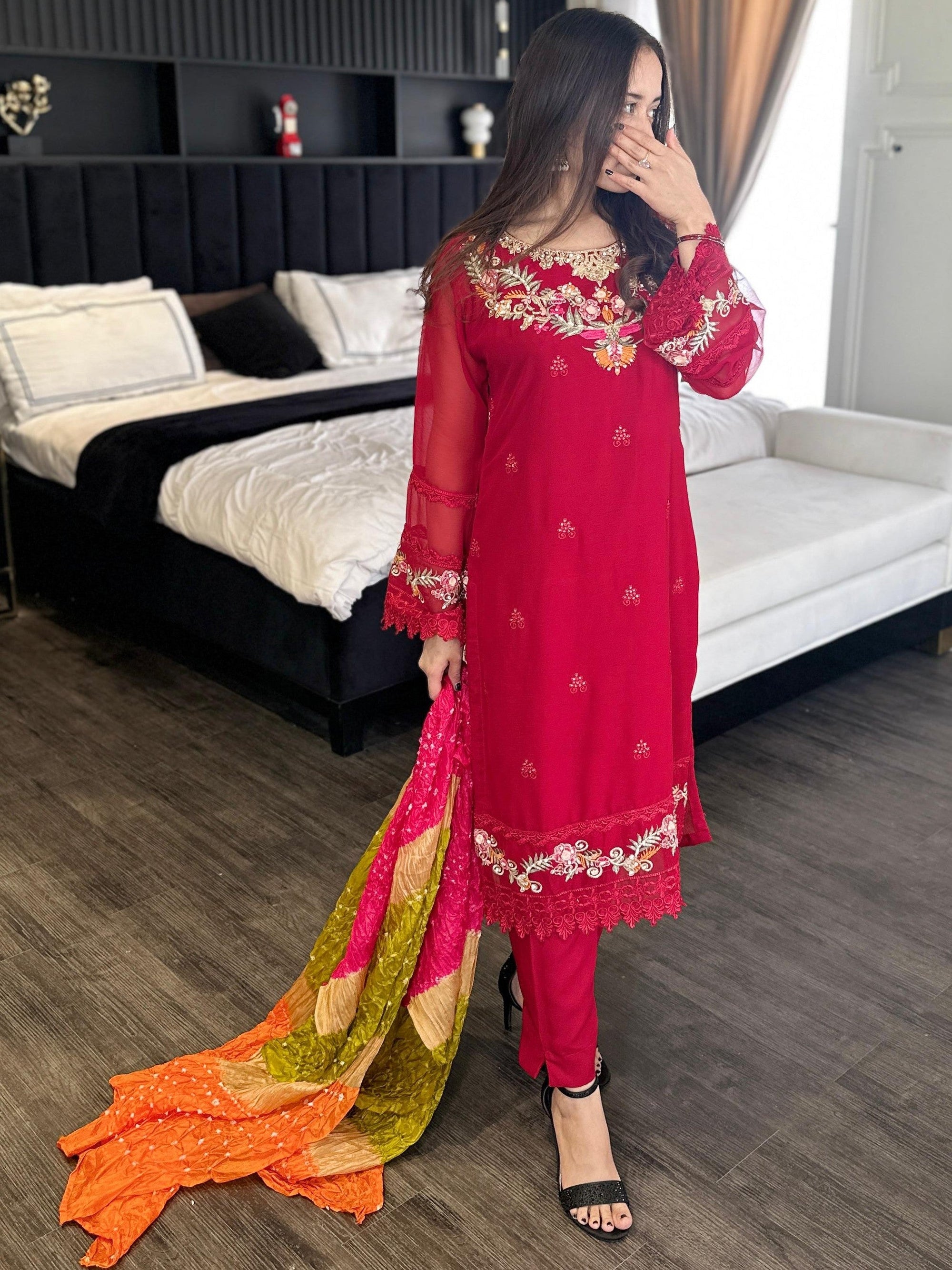 Four Season Boutique SHIBRA CHIFFON REDISH MAROON Women 3pcs