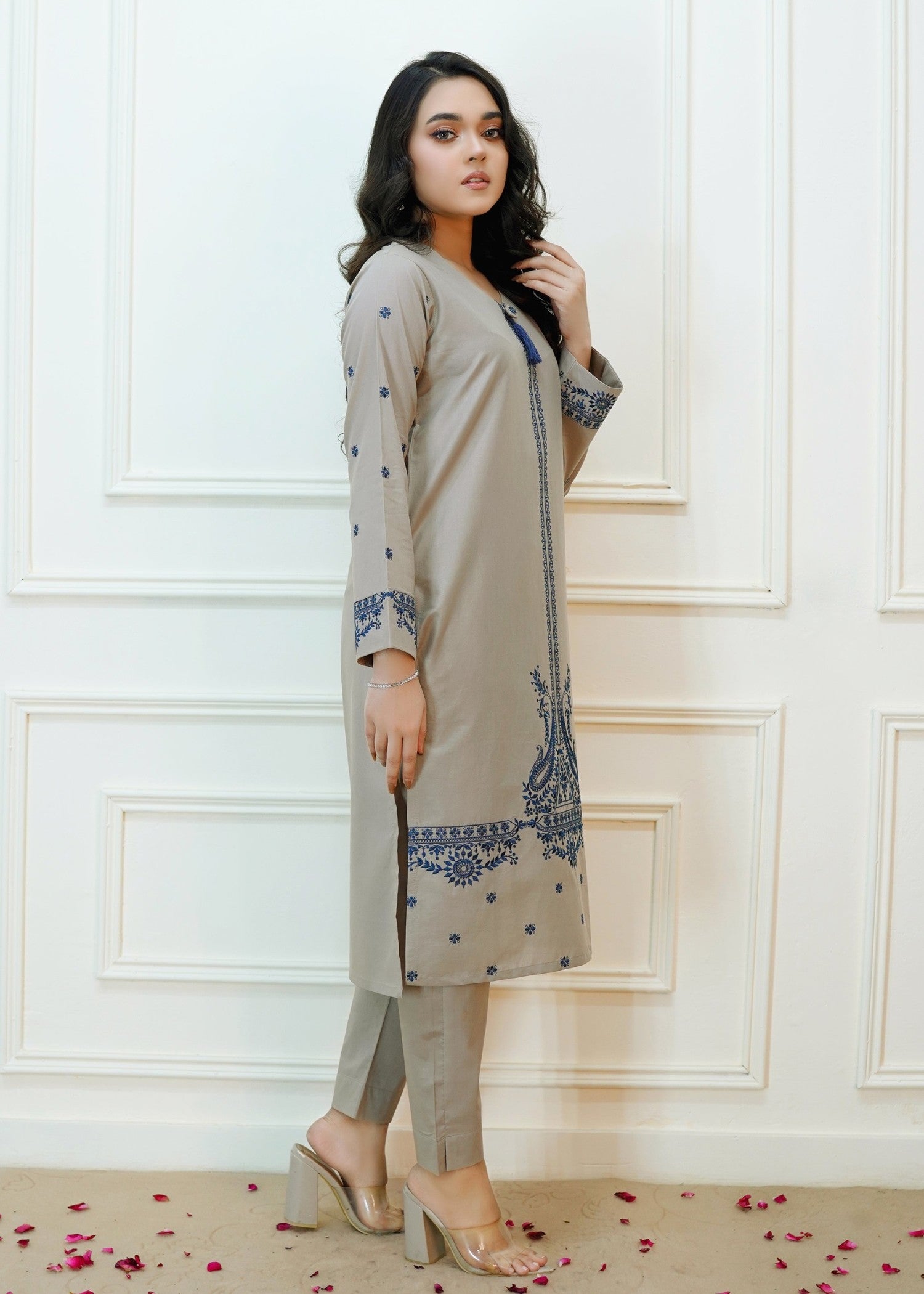 Luxeurs Light Taupe Embroidered Dress Women 2pcs