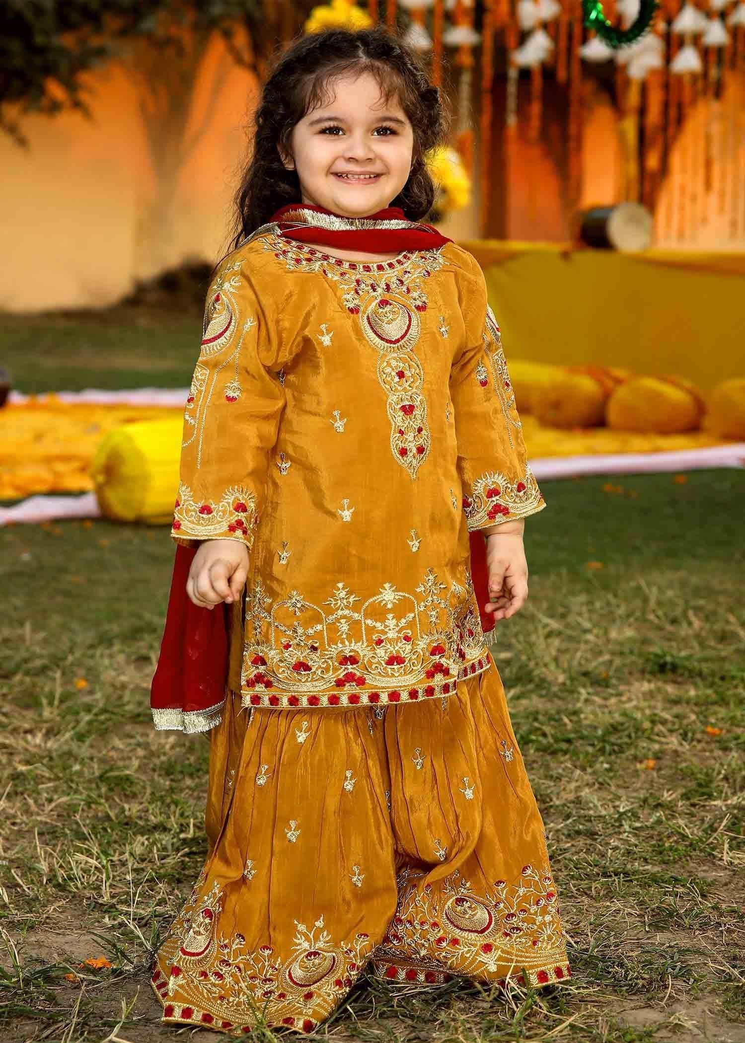 Akhrot Clothing Mustard Maroon Gharara Suit Kids Women 3pcs