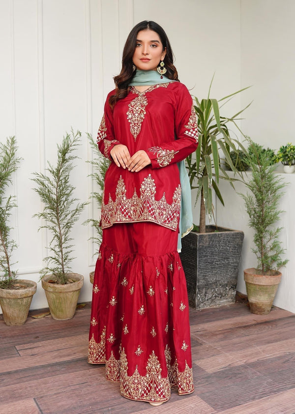 Akhrot Clothing Red Eid Sharara Adults Women 3pcs