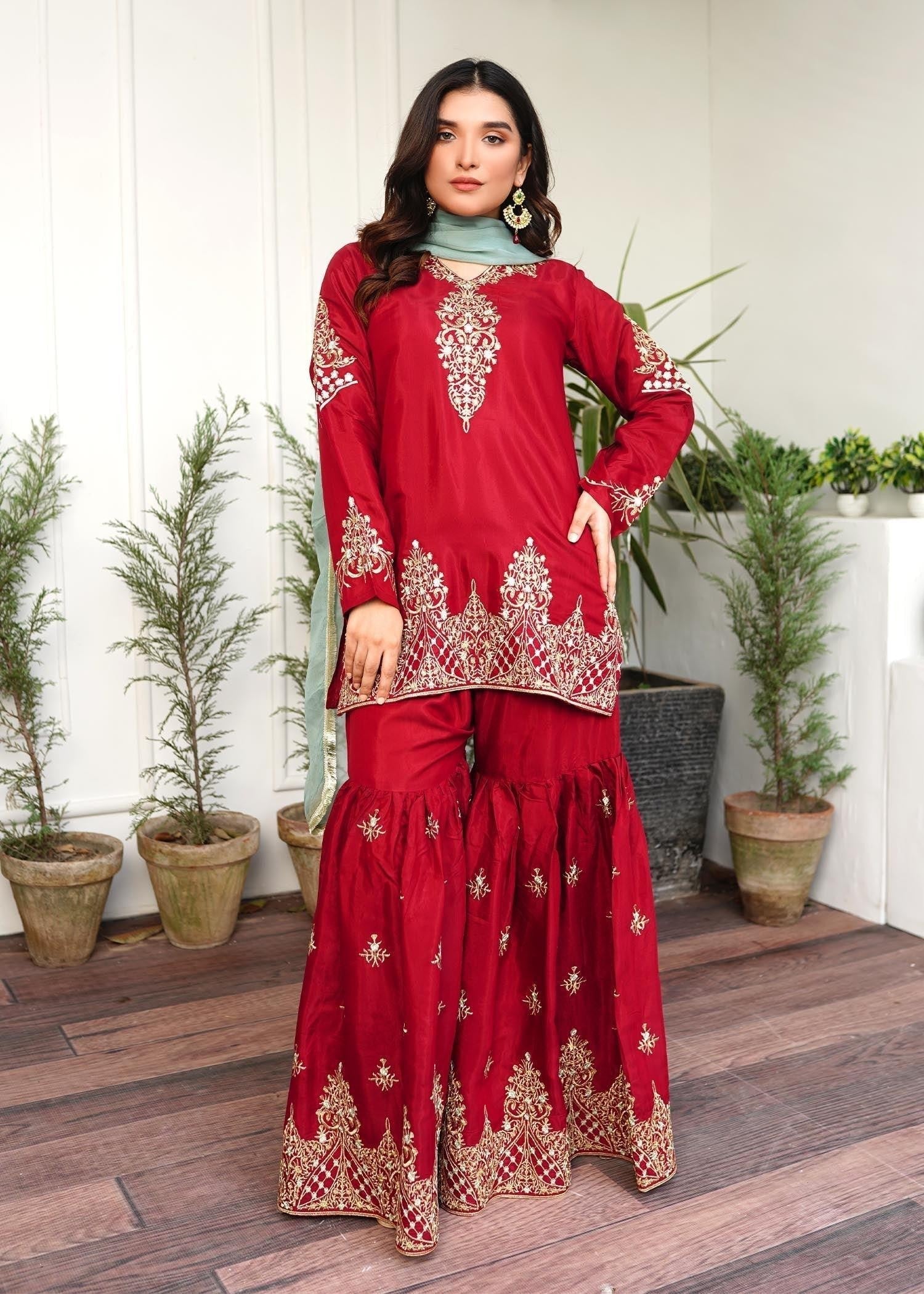 Akhrot Clothing Red Eid Sharara Adults Women 3pcs