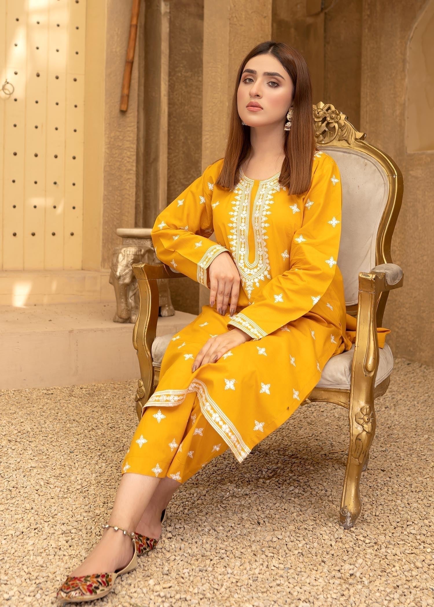 Akhrot Clothing Mustard White Suit Women 2pcs