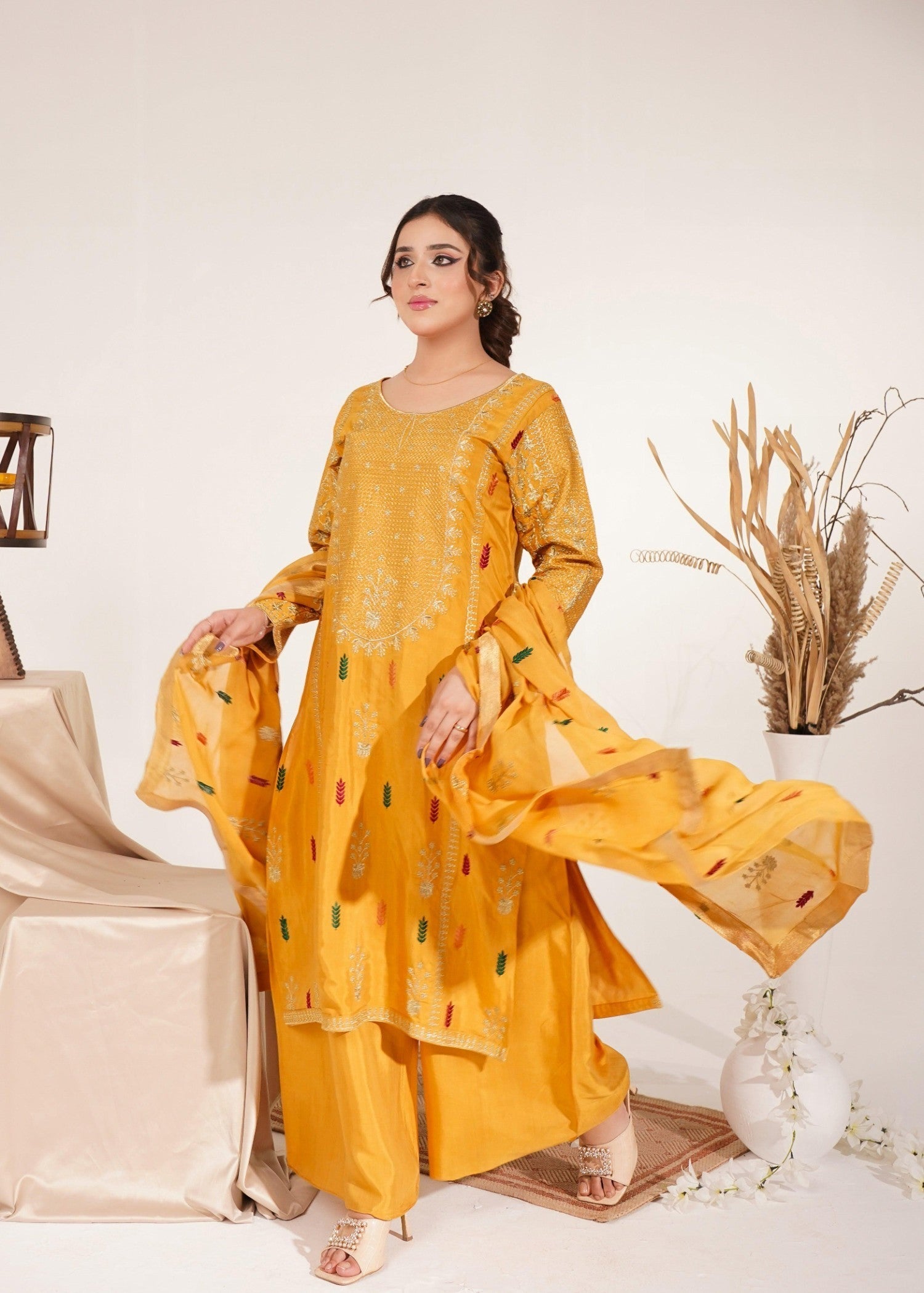 Akhrot Clothing Mustard Multi Silk Women 3pcs