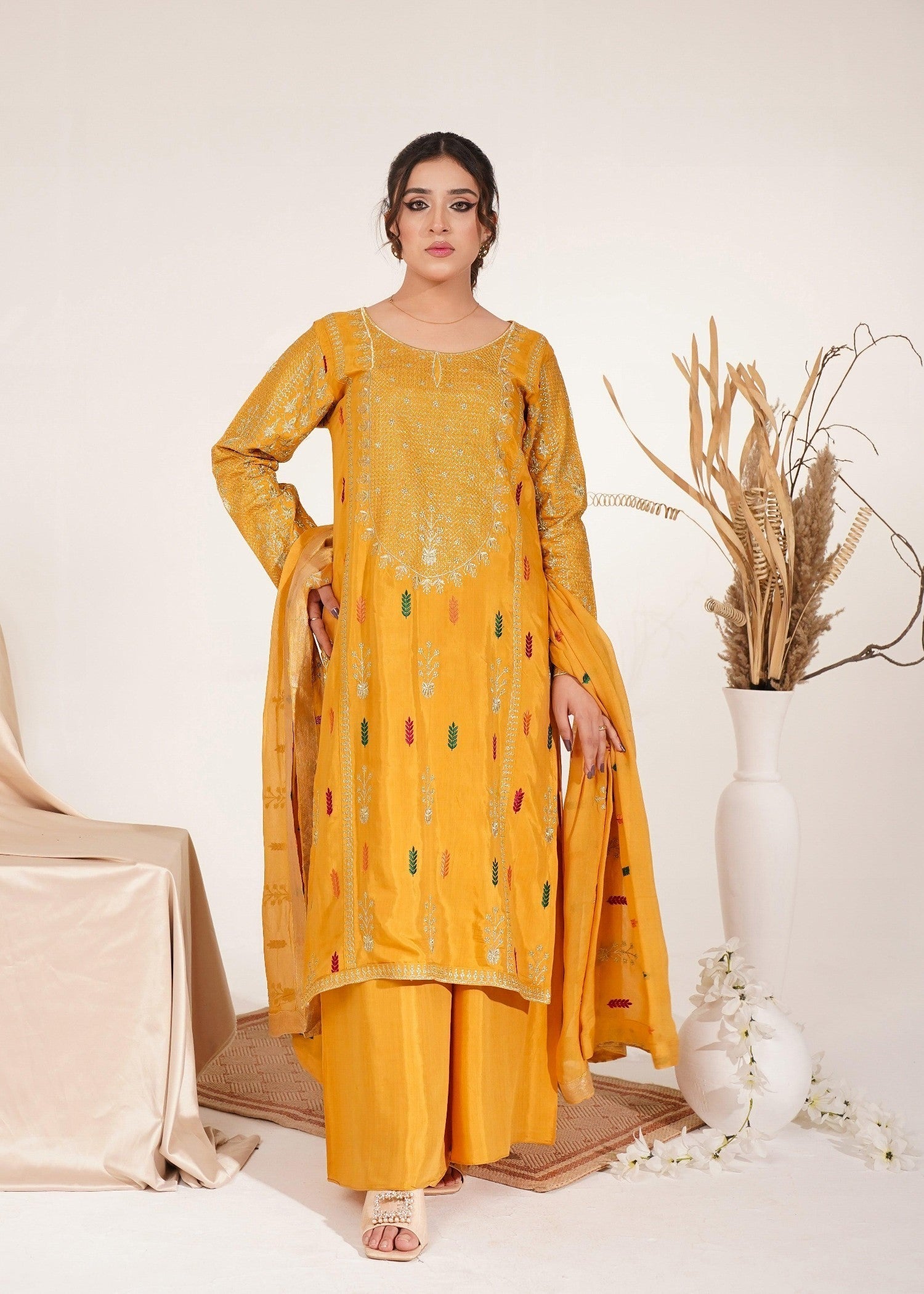 Akhrot Clothing Mustard Multi Silk Women 3pcs