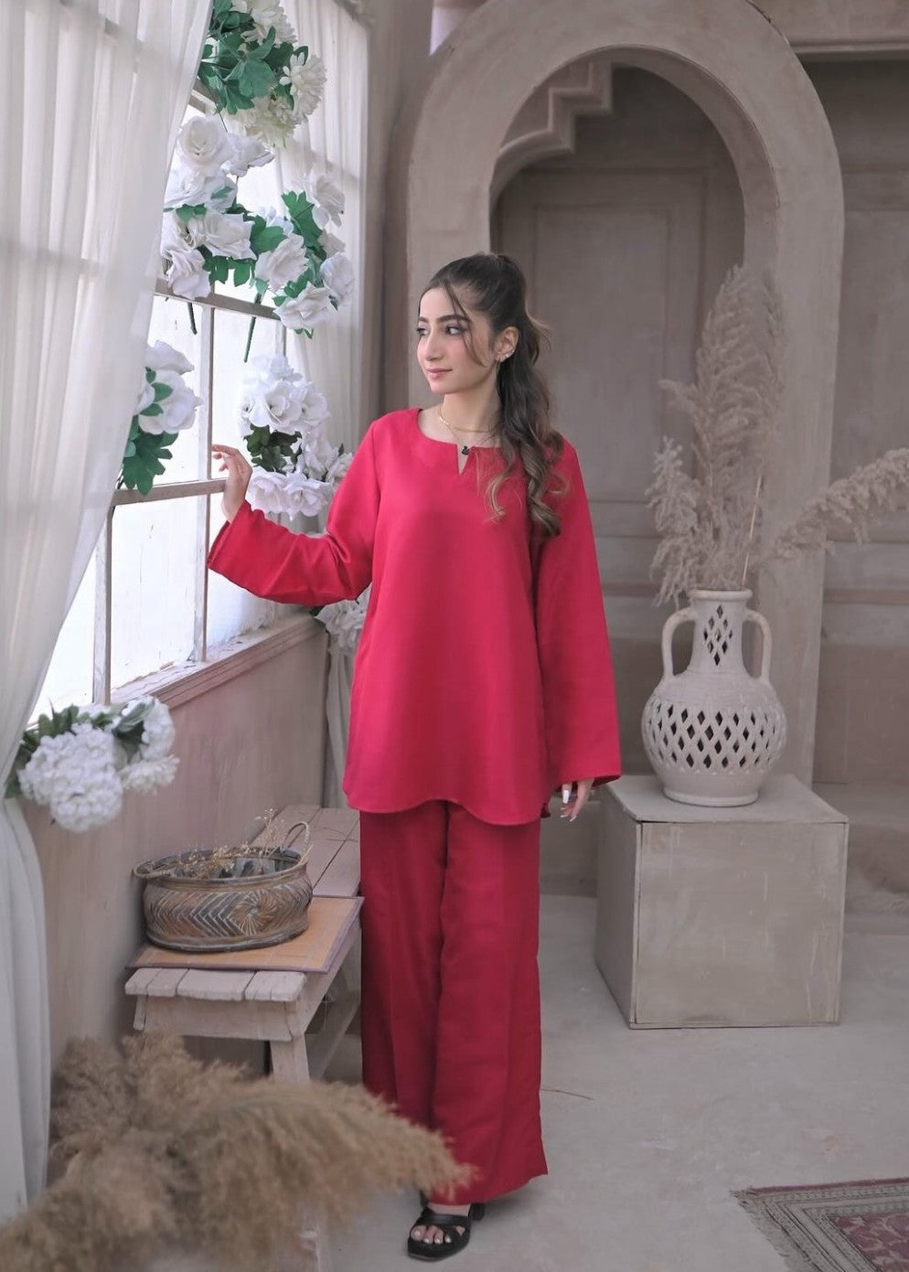 Zauk Deep Pink Two Piece Dress Women 2pcs