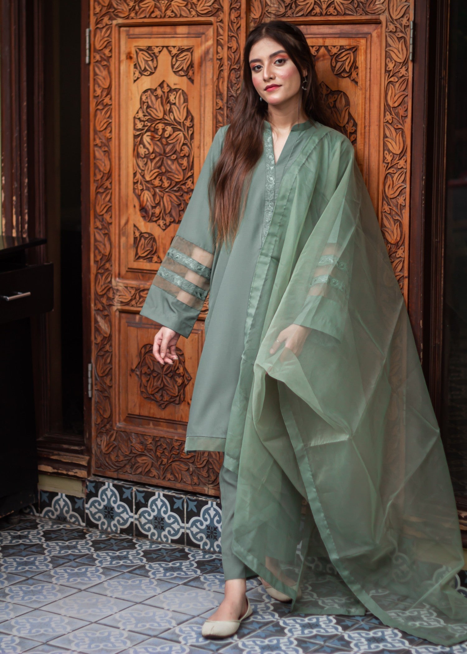 Zauk Green Three Piece Embroidered Dress Women 3pcs