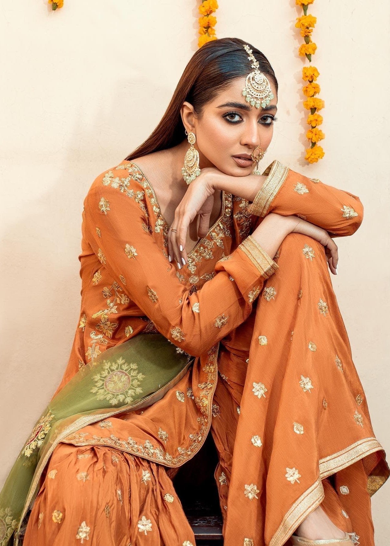 Akhrot Clothing Rust Gharara Women 3pcs