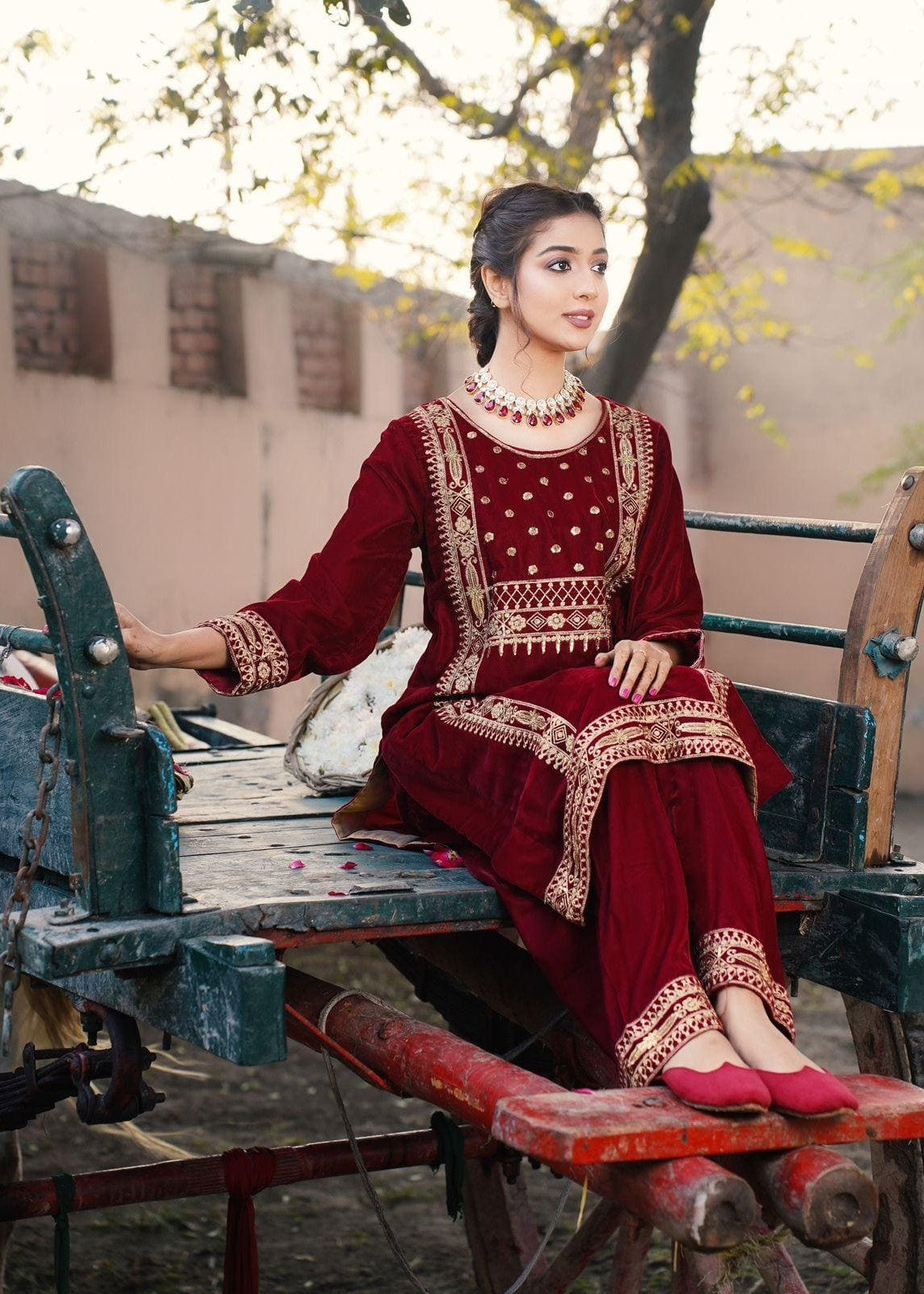 Akhrot Clothing Maroon Mehbooba Velvet Women 2pcs