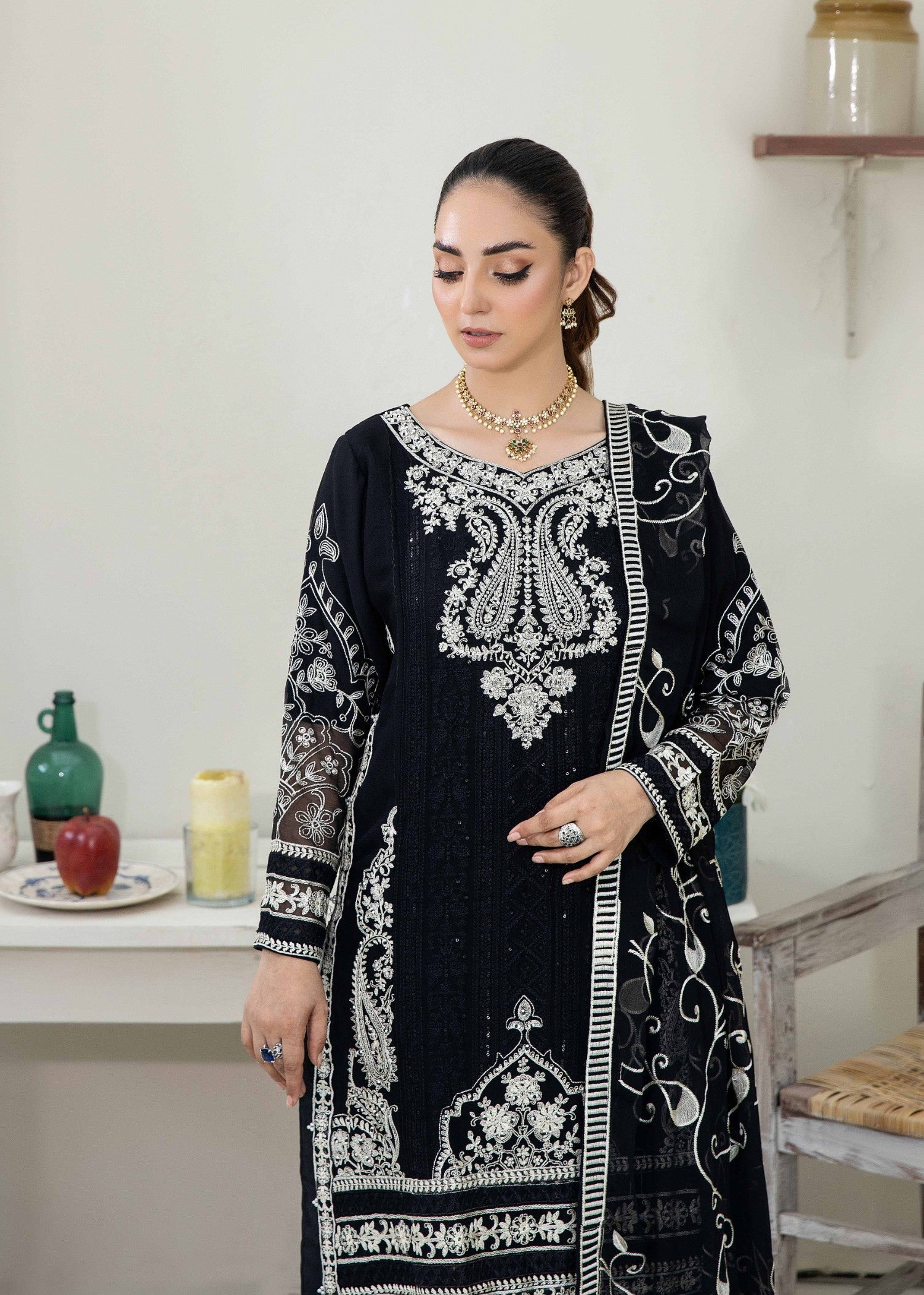 Pehnawa By Bin Akram’s Pearl Elegance Black Chiffon Women 3pcs