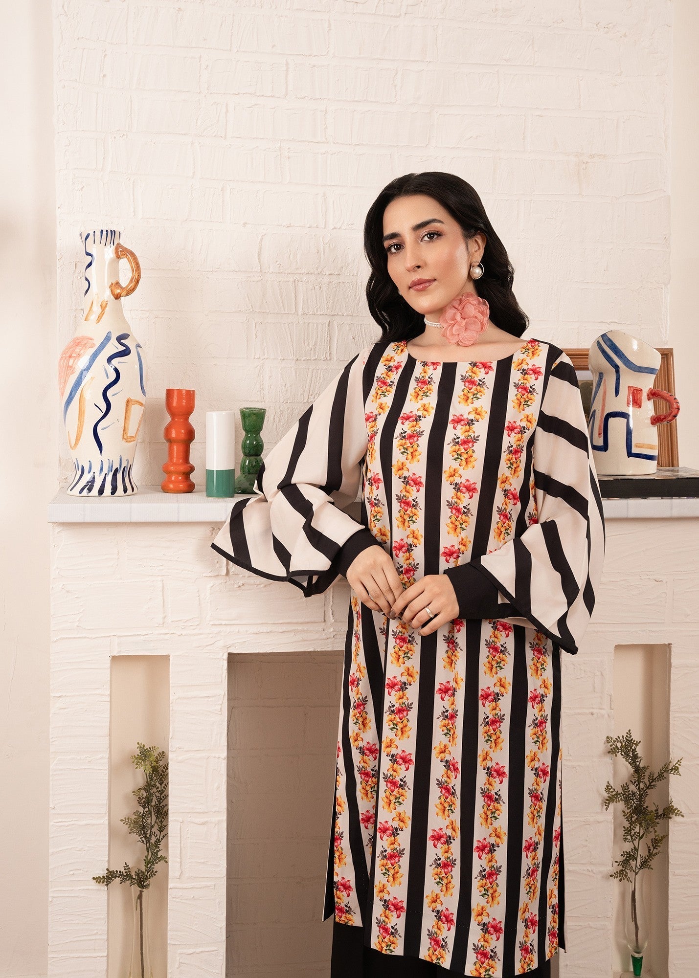 Stitch Vibes Striped Floral Shirt Women 1pcs