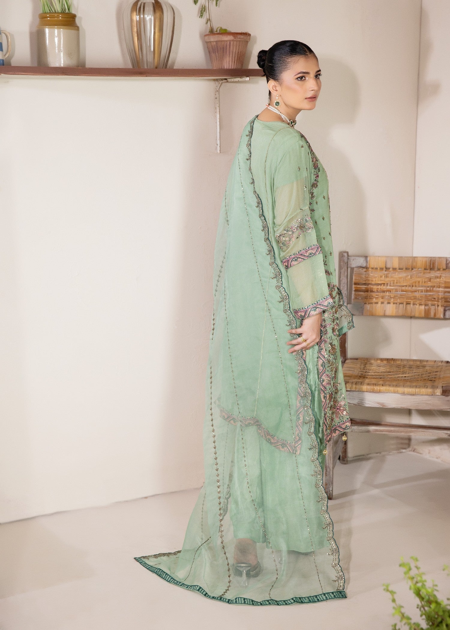 Pehnawa By Bin Akram’s Floral Pistachio Chiffon Women 3pcs