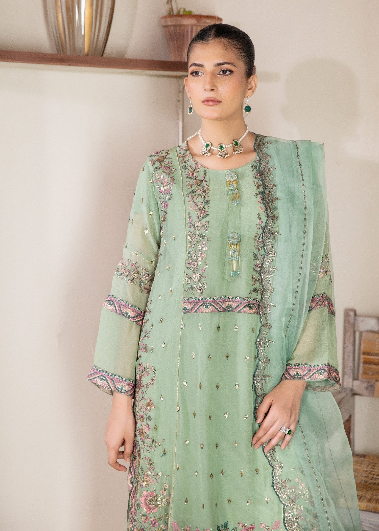 Pehnawa By Bin Akram’s Floral Pistachio Chiffon Women 3pcs