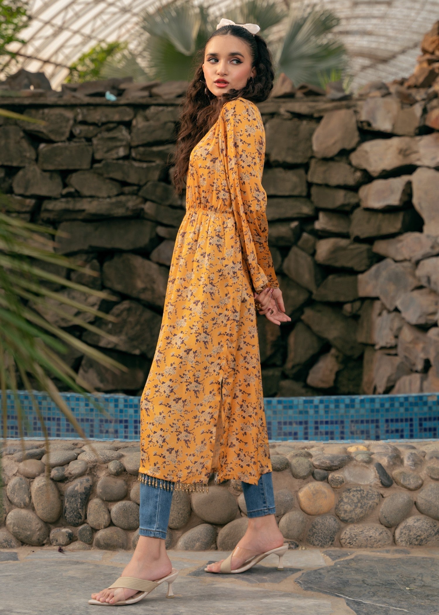 Edowlark Silk Kaftan Dress Mustard Women 1pcs