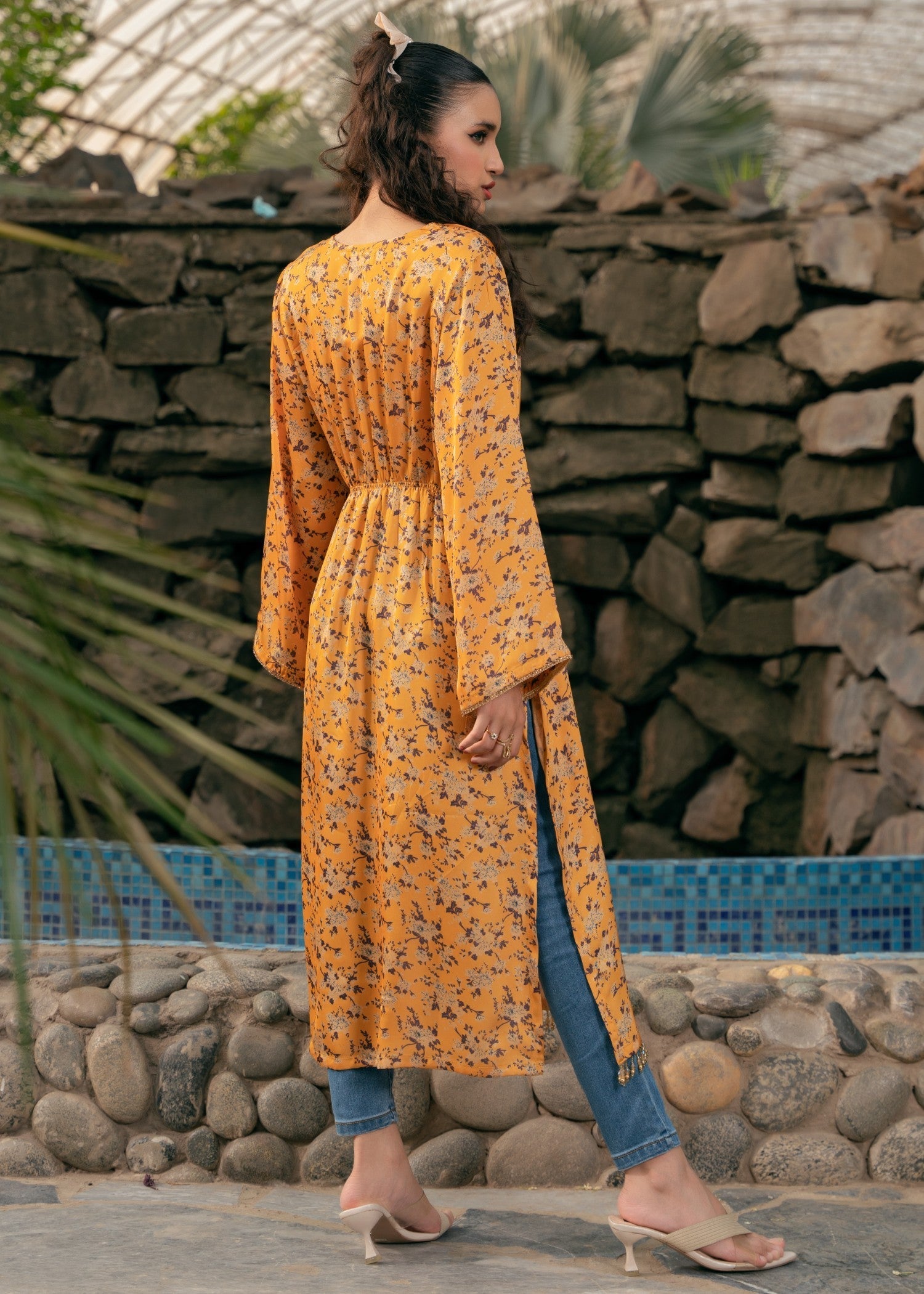 Edowlark Silk Kaftan Dress Mustard Women 1pcs