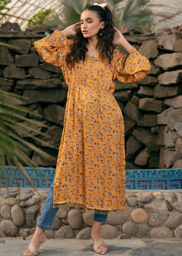 Edowlark Silk Kaftan Dress Mustard Women 1pcs