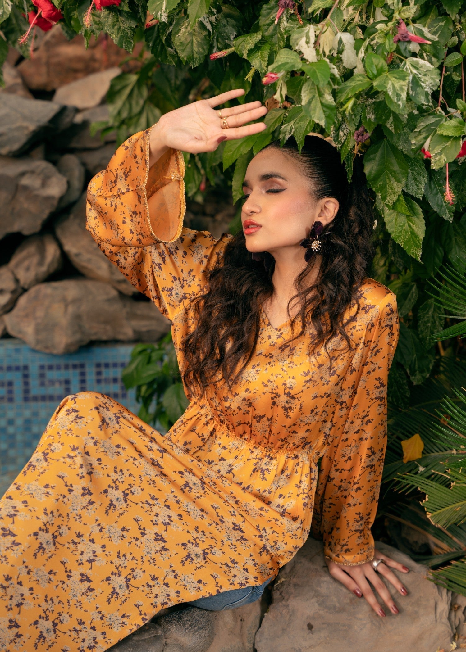 Edowlark Silk Kaftan Dress Mustard Women 1pcs