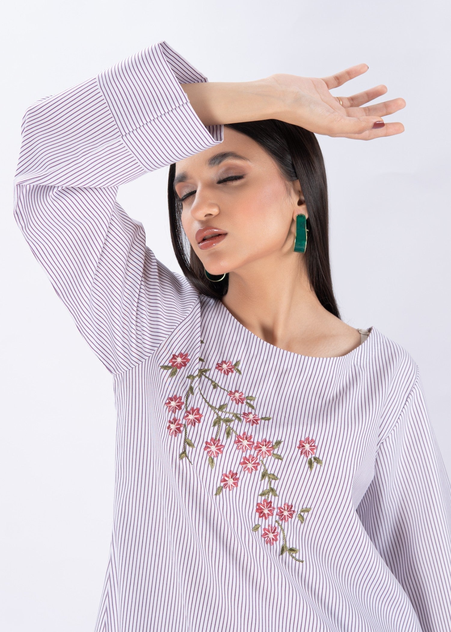 Edowlark Botanical Striped Embroidered Shirt Lilac Women 1pcs