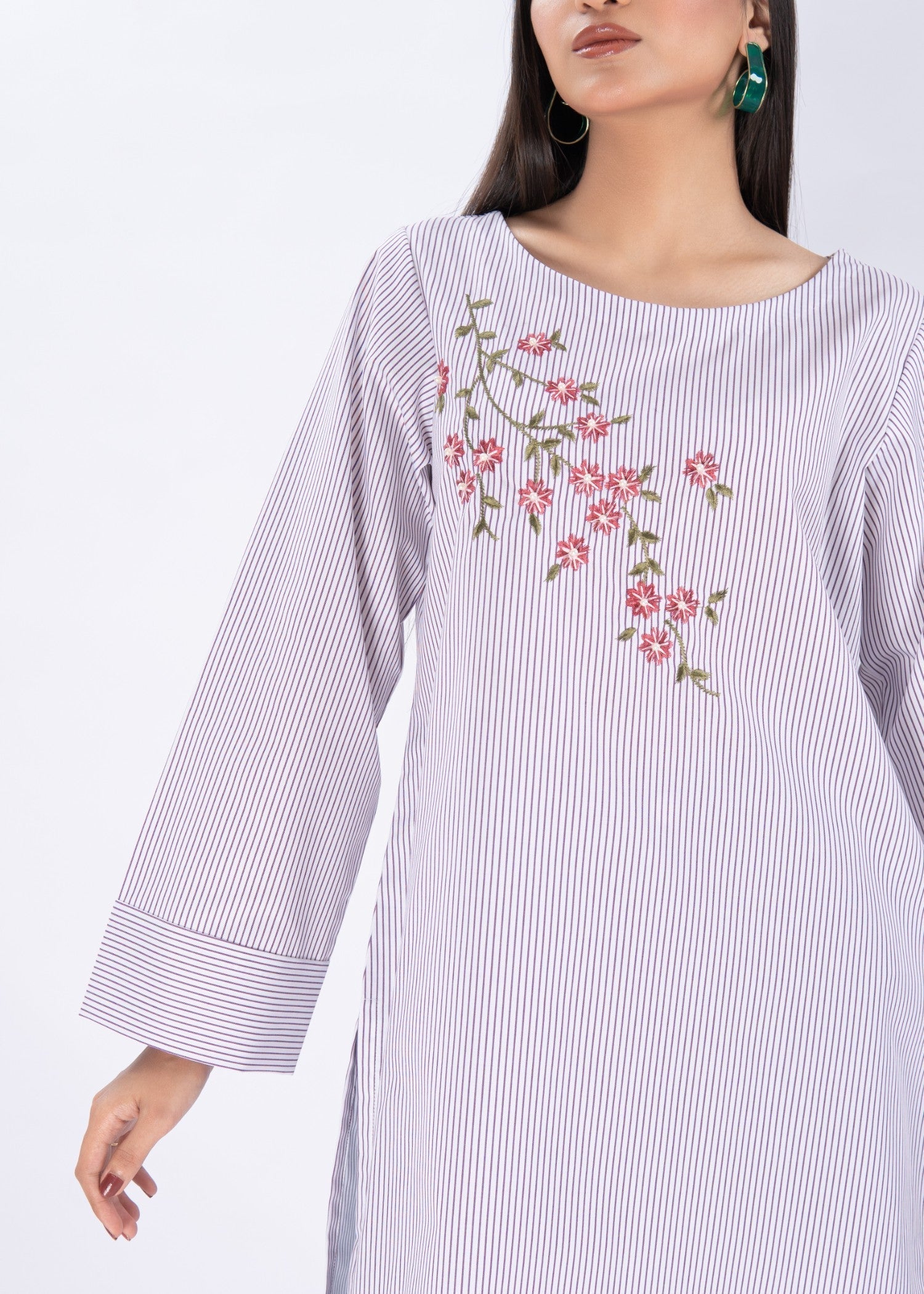 Edowlark Botanical Striped Embroidered Shirt Lilac Women 1pcs