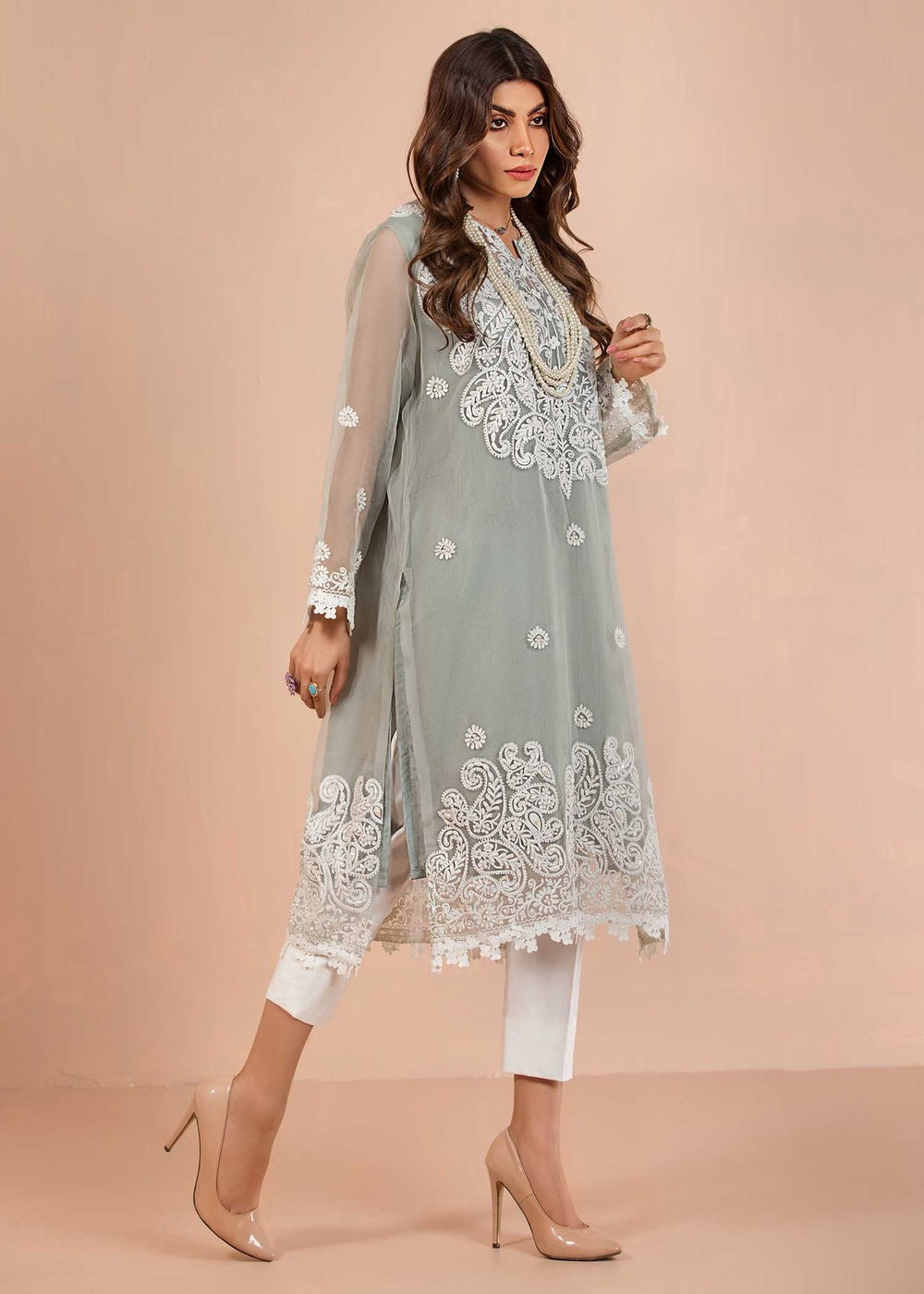Dureshahwar Atelier Jade Pastel Blue Kameez with White Embroidery With Cotton silk trousers Women 3pcs