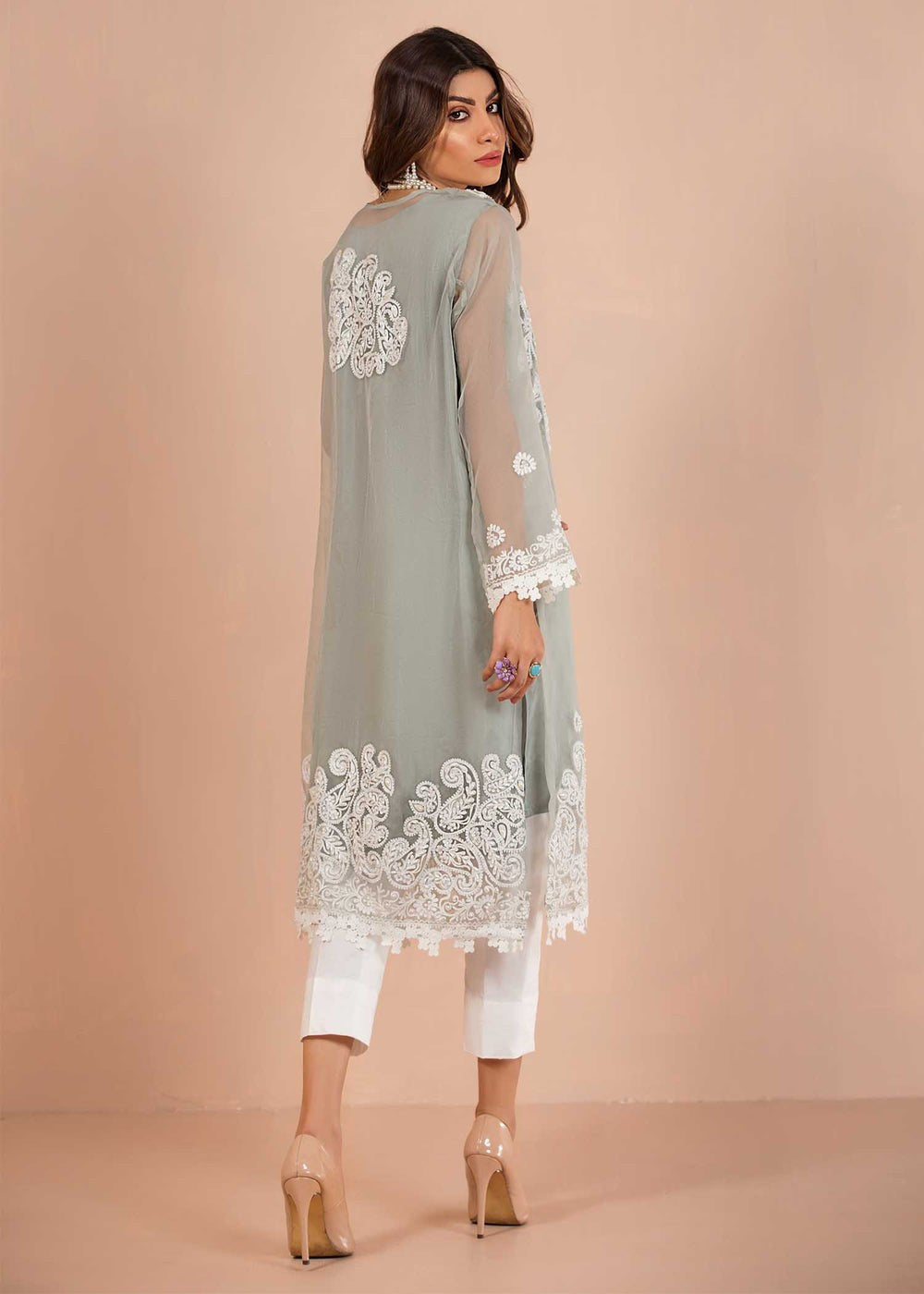 Dureshahwar Atelier Jade Pastel Blue Kameez with White Embroidery With Cotton silk trousers Women 3pcs