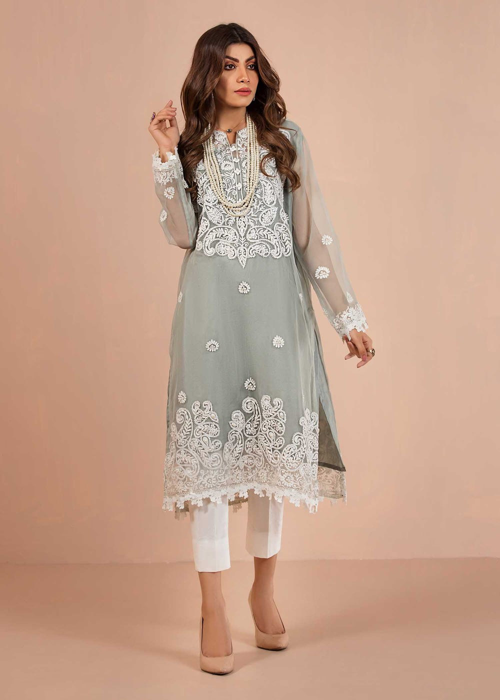 Dureshahwar Atelier Jade Pastel Blue Kameez with White Embroidery With Cotton silk trousers Women 3pcs
