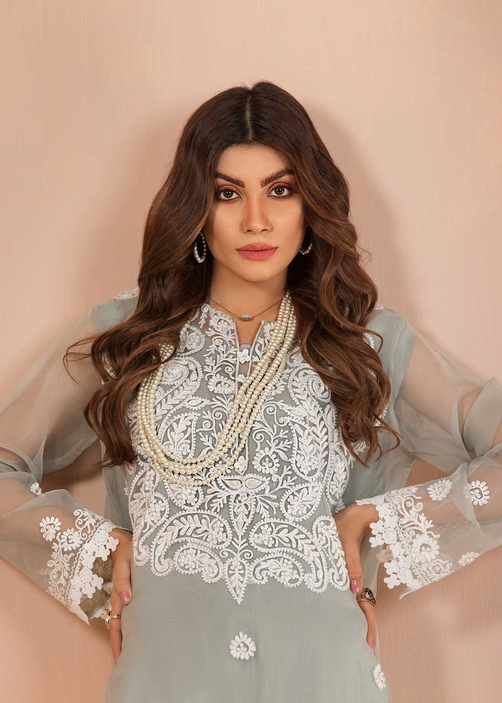 Dureshahwar Atelier Jade Pastel Blue Kameez with White Embroidery With Cotton silk trousers Women 3pcs