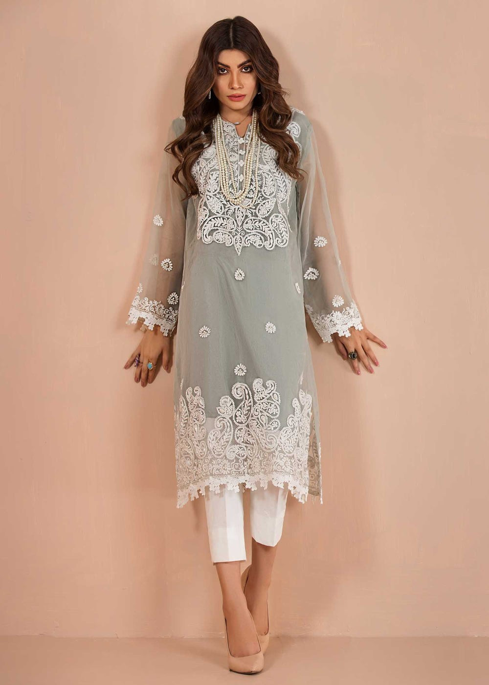 Dureshahwar Atelier Jade Pastel Blue Kameez with White Embroidery With Cotton silk trousers Women 3pcs