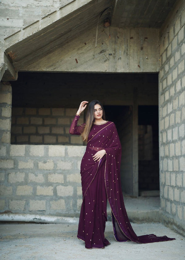 Amna Ismail PURPLE GEORGETTE CHIFFON SAREE Women 3pcs
