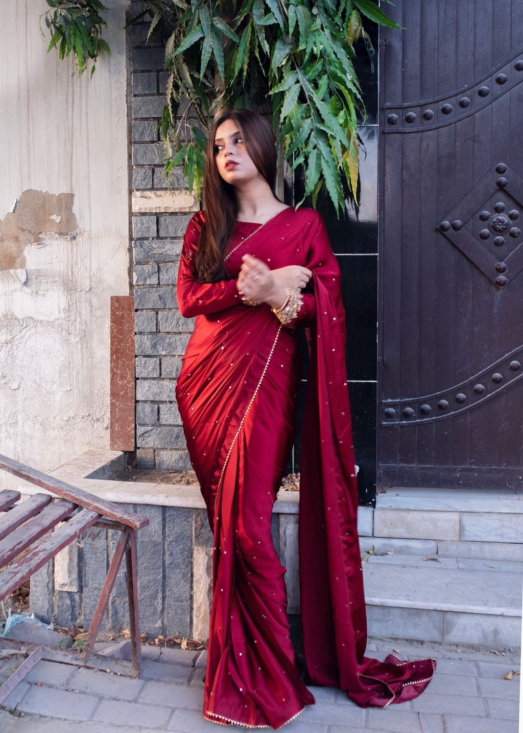 Amna Ismail MAYON SILK SAREE IN MAROON Women 3pcs