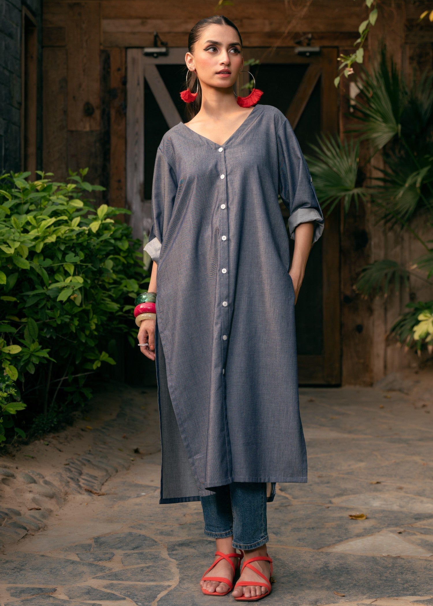 Edowlark Embroidered Cotton Denim Shirt Slate Grey Women 1pcs