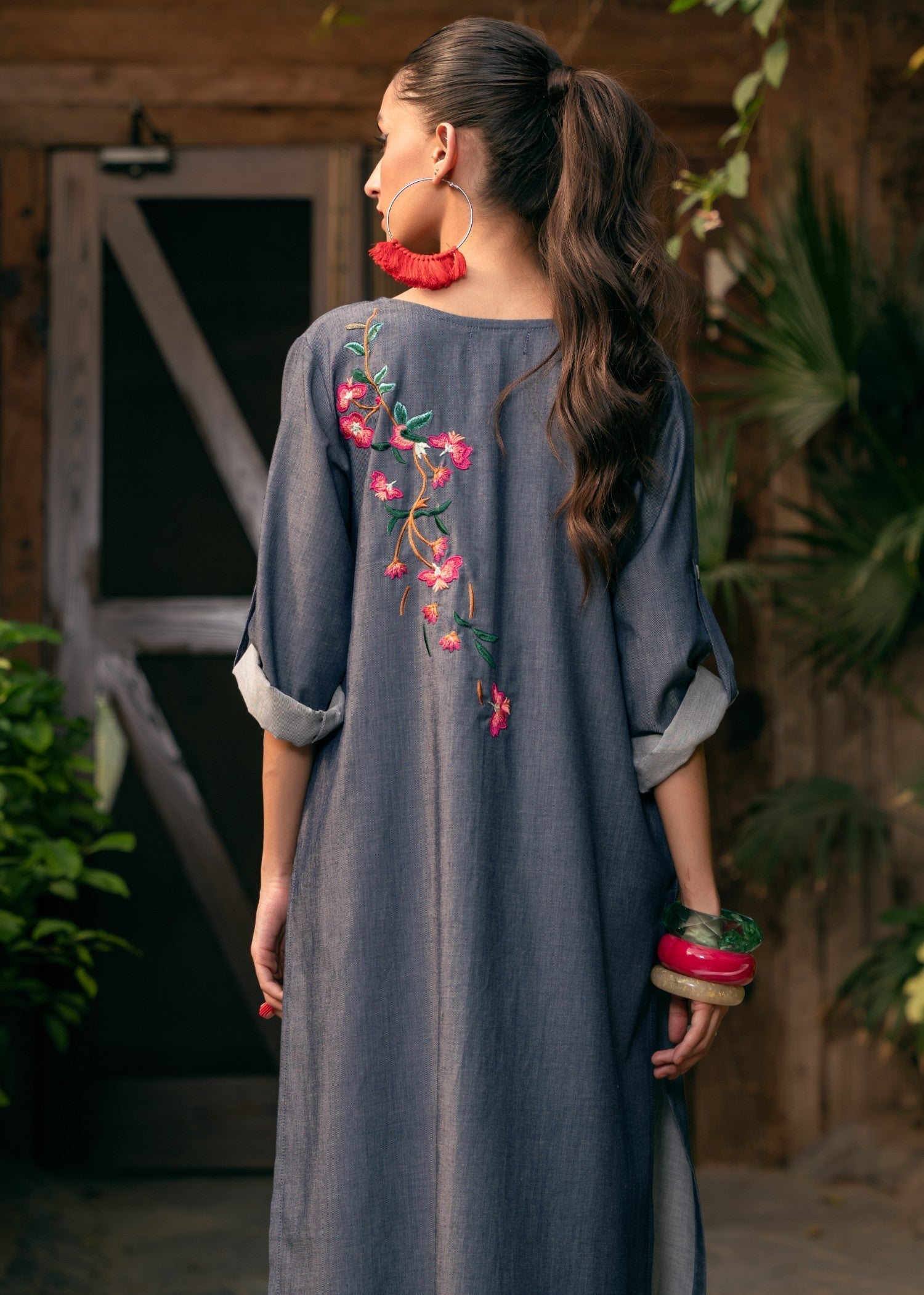 Edowlark Embroidered Cotton Denim Shirt Slate Grey Women 1pcs