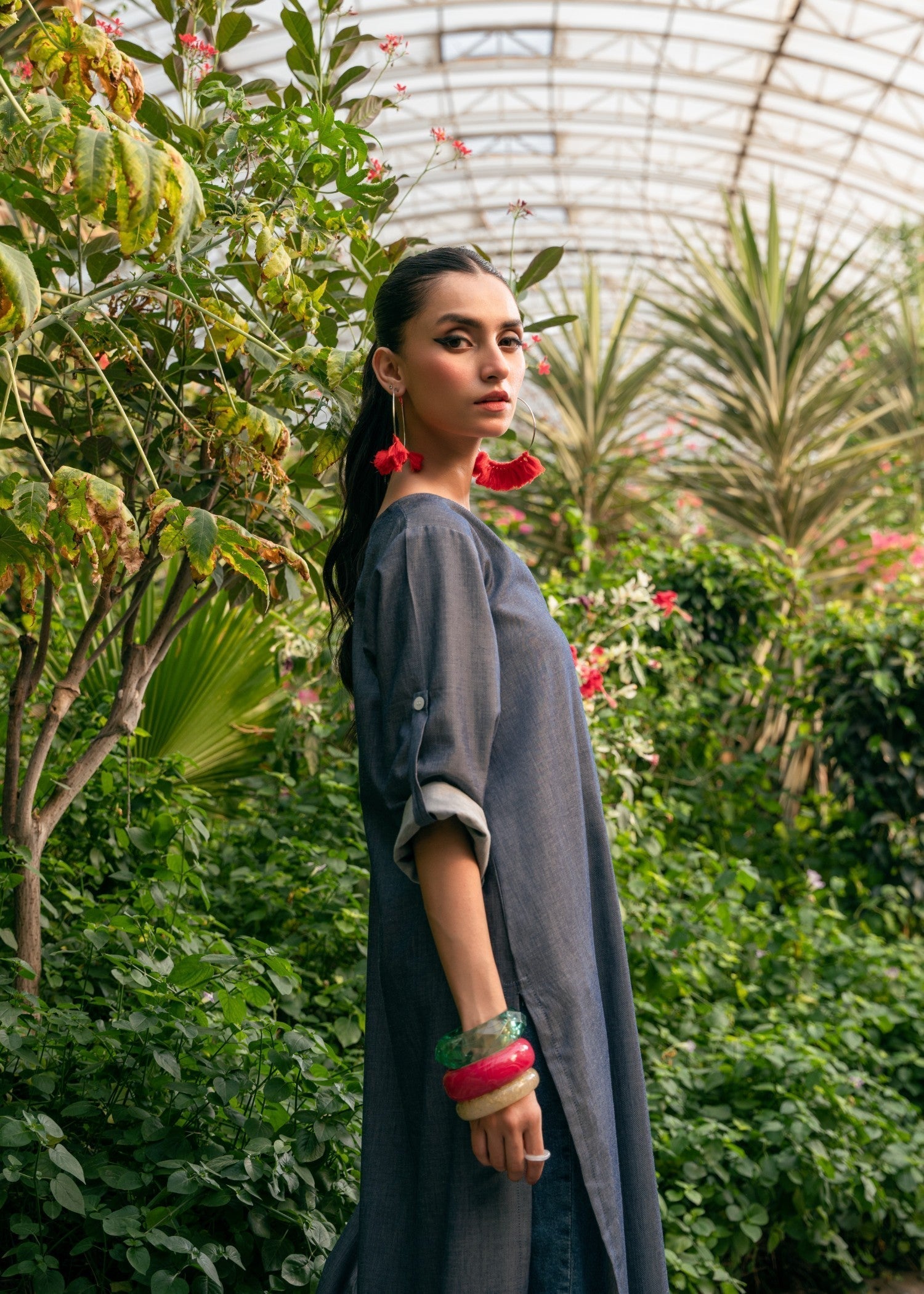 Edowlark Embroidered Cotton Denim Shirt Slate Grey Women 1pcs