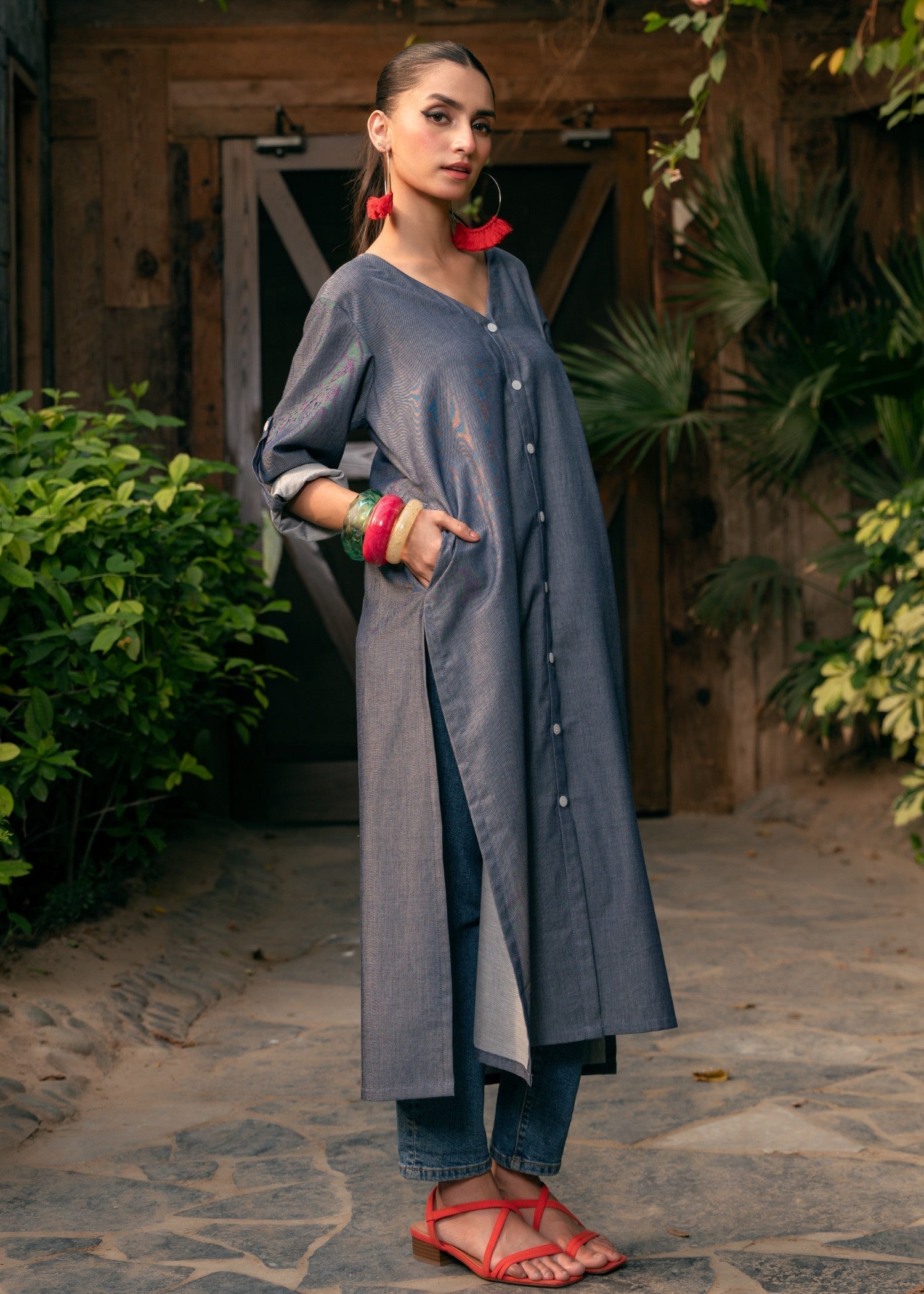 Edowlark Embroidered Cotton Denim Shirt Slate Grey Women 1pcs