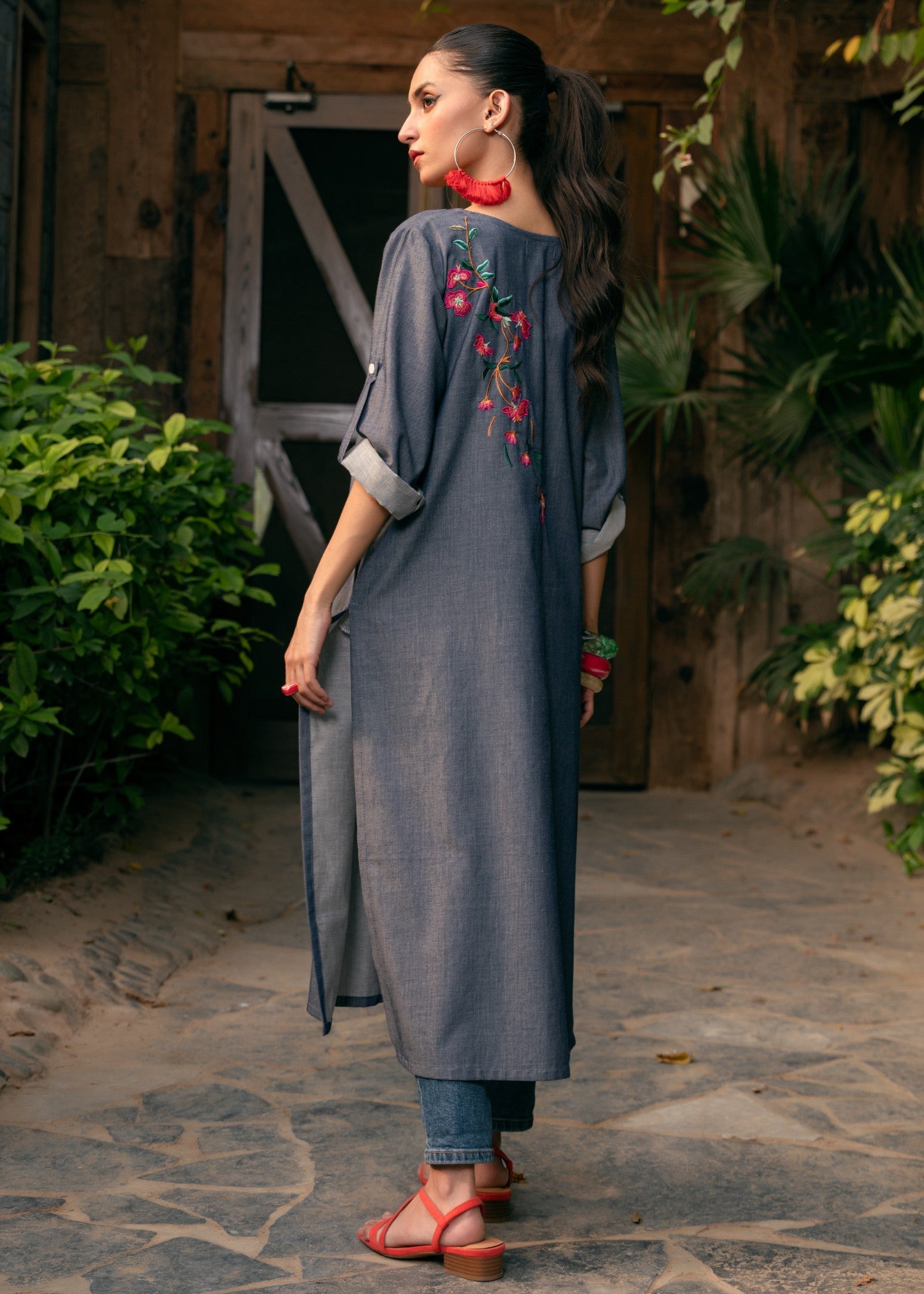 Edowlark Embroidered Cotton Denim Shirt Slate Grey Women 1pcs