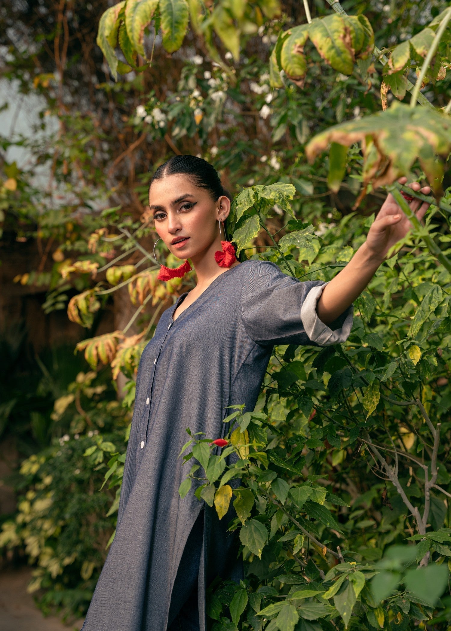 Edowlark Embroidered Cotton Denim Shirt Slate Grey Women 1pcs