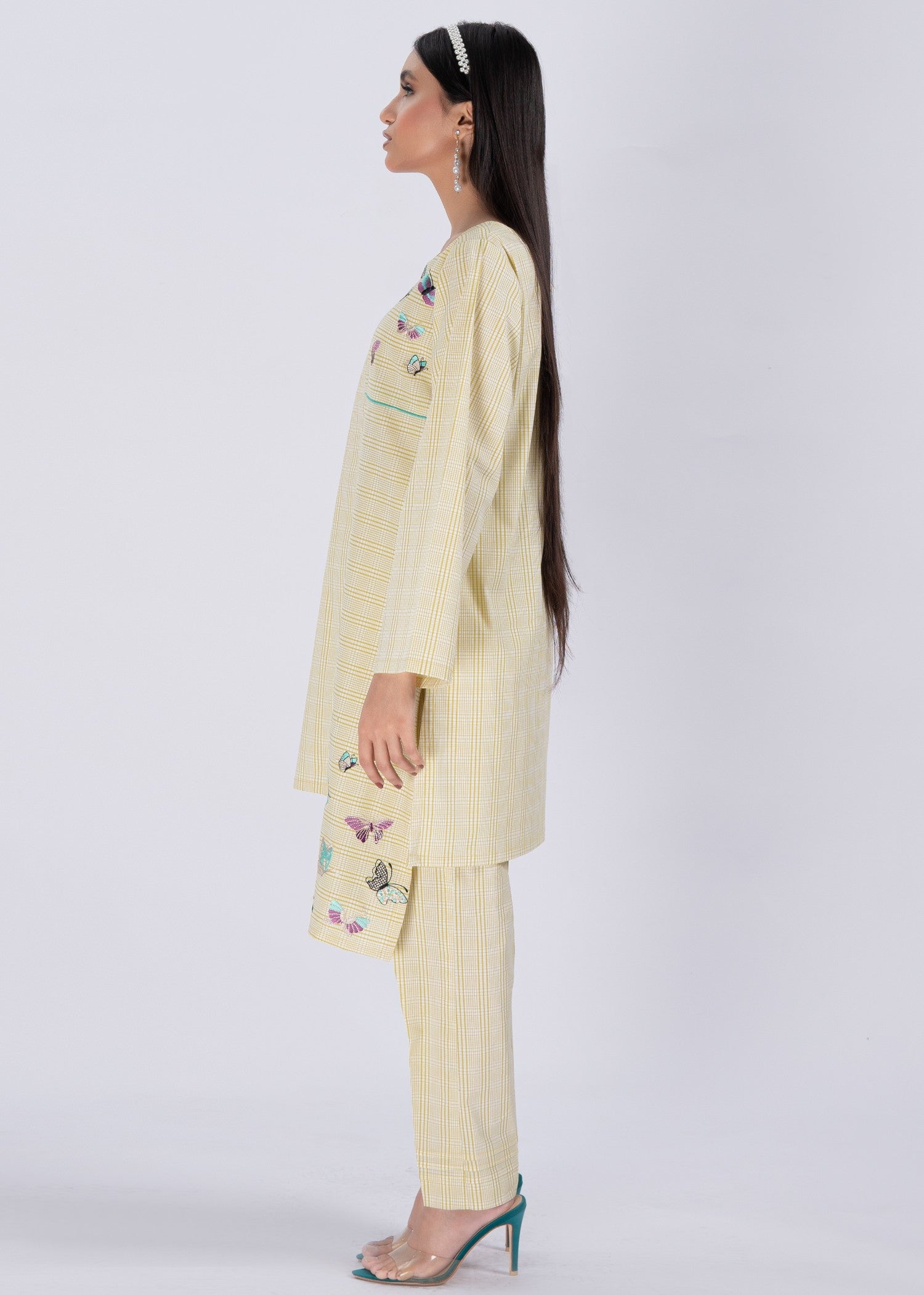 Edowlark Lime Green Plaided Embroidered Shirt & Trouser Set Women 2pcs